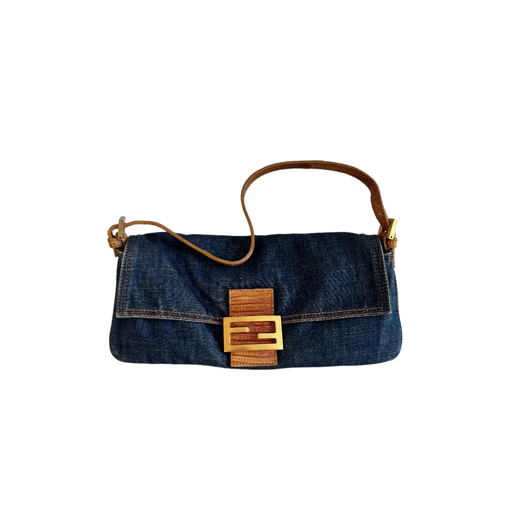 Vintage Fendi Lizard Skin Trimmed Denim Baguette Bag - Luxury Designer Crossbody Purse for Women, Perfect for Parties, Date Nights & Special Occasions
