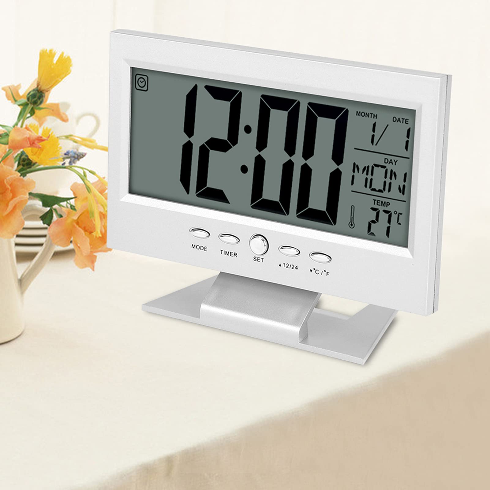 Silver LCD Digital Sound Sensor Alarm Clock with Calendar & Temperature Display - Electric Desk Clock for Bedroom, Office, and Home Use