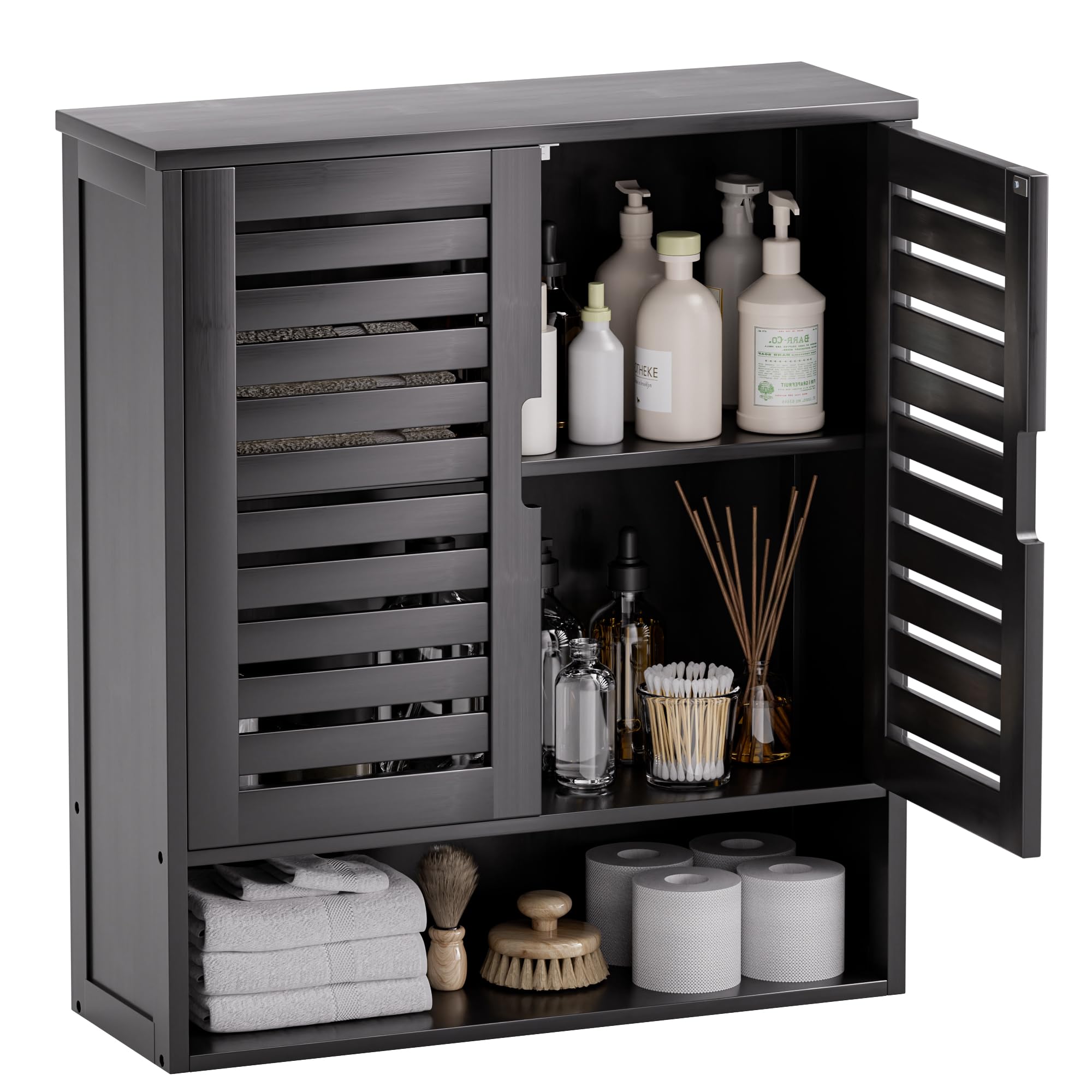 SMIBUY Over-The-Toilet Storage Cabinet - Wall Mounted Bamboo Bathroom Organizer with 2 Doors & Adjustable Shelves, Space Saving Medicine Cabinet (Black) - Perfect for Small Bathrooms, Apartments & Vanity Storage