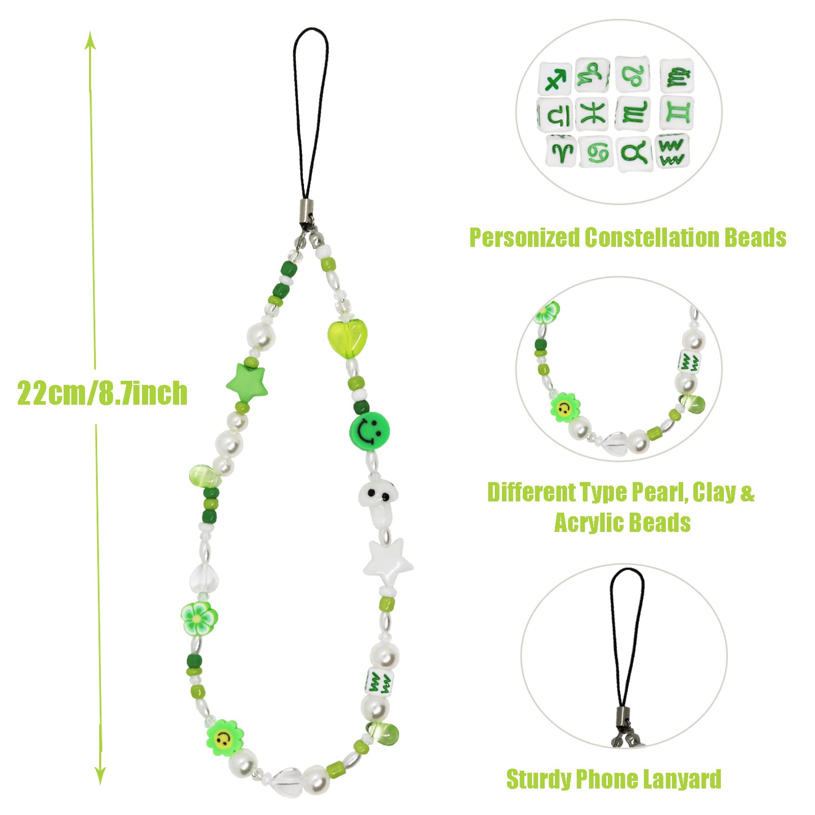 Beaded Phone Charm & Lanyard Wrist Strap - Polymer Clay Smiley Face Beads Bracelet Keychain Jewelry for Cell Phones - Perfect for School, Work, Travel & Everyday Use