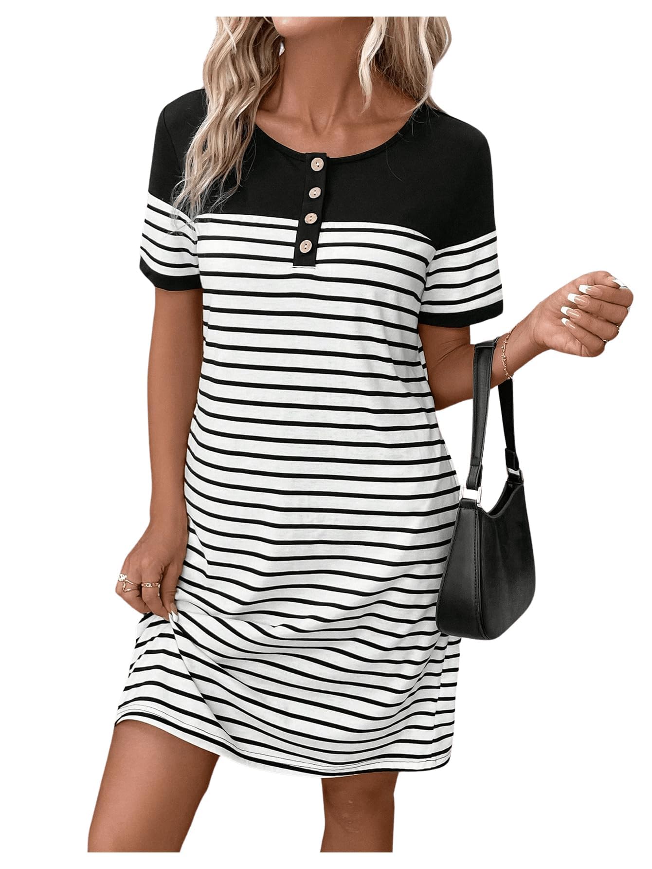 Women's Casual Summer Dresses 2025 - Short Sleeve Crewneck Striped Button Front Mini T-Shirt Dress with Pockets | Perfect for Beach Outings, Brunch Dates & Summer Vacations