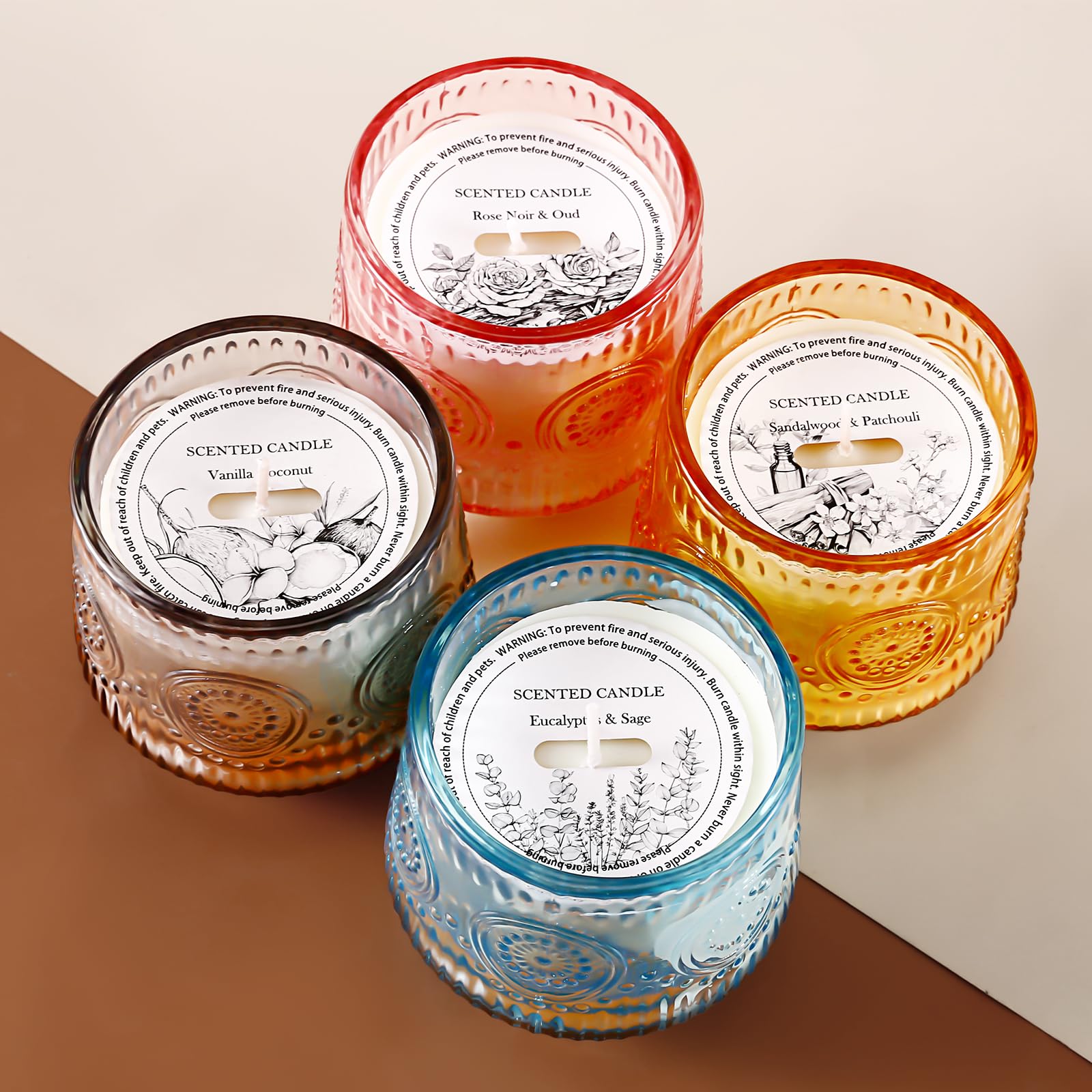 4 Pack Scented Soy Candle Gift Set for Women - Vanilla Coconut, Eucalyptus Sage, Rose Oud & Sandalwood Patchouli | Aromatherapy Candles for Home Relaxation, Spa, Yoga & Romantic Ambiance