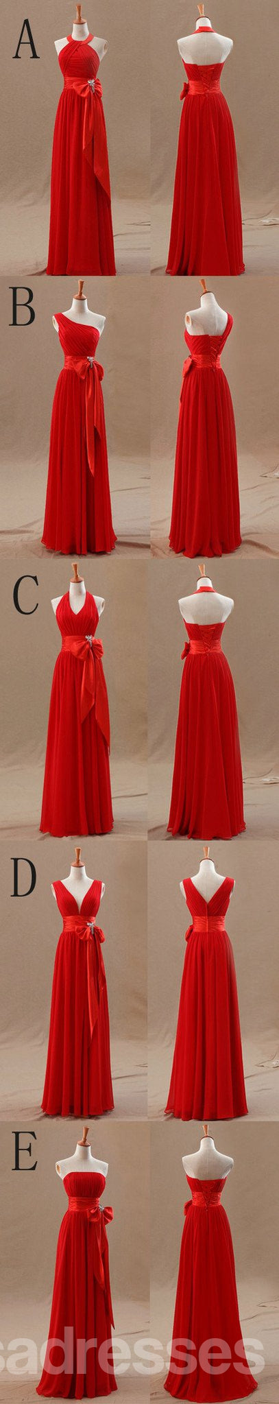 Elegant Mismatched Junior Chiffon Red Long A-Line Bridesmaid Dresses with Bow - WG63 | Perfect for Weddings, Prom, Formal Events & Special Occasions