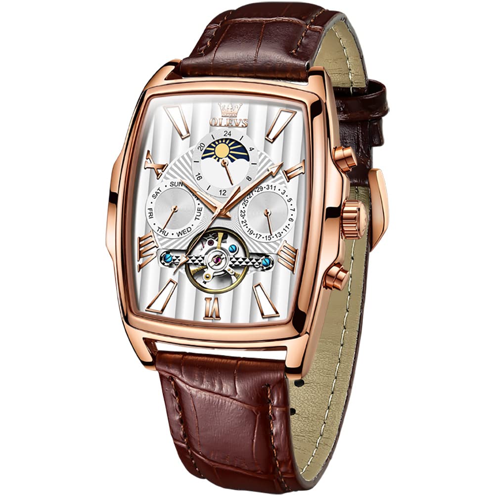 OLEVS Men's Automatic Mechanical Watch - Brown Leather Strap, Luminous Hands, Waterproof, Rectangle Case | Perfect for Business, Casual & Outdoor Activities