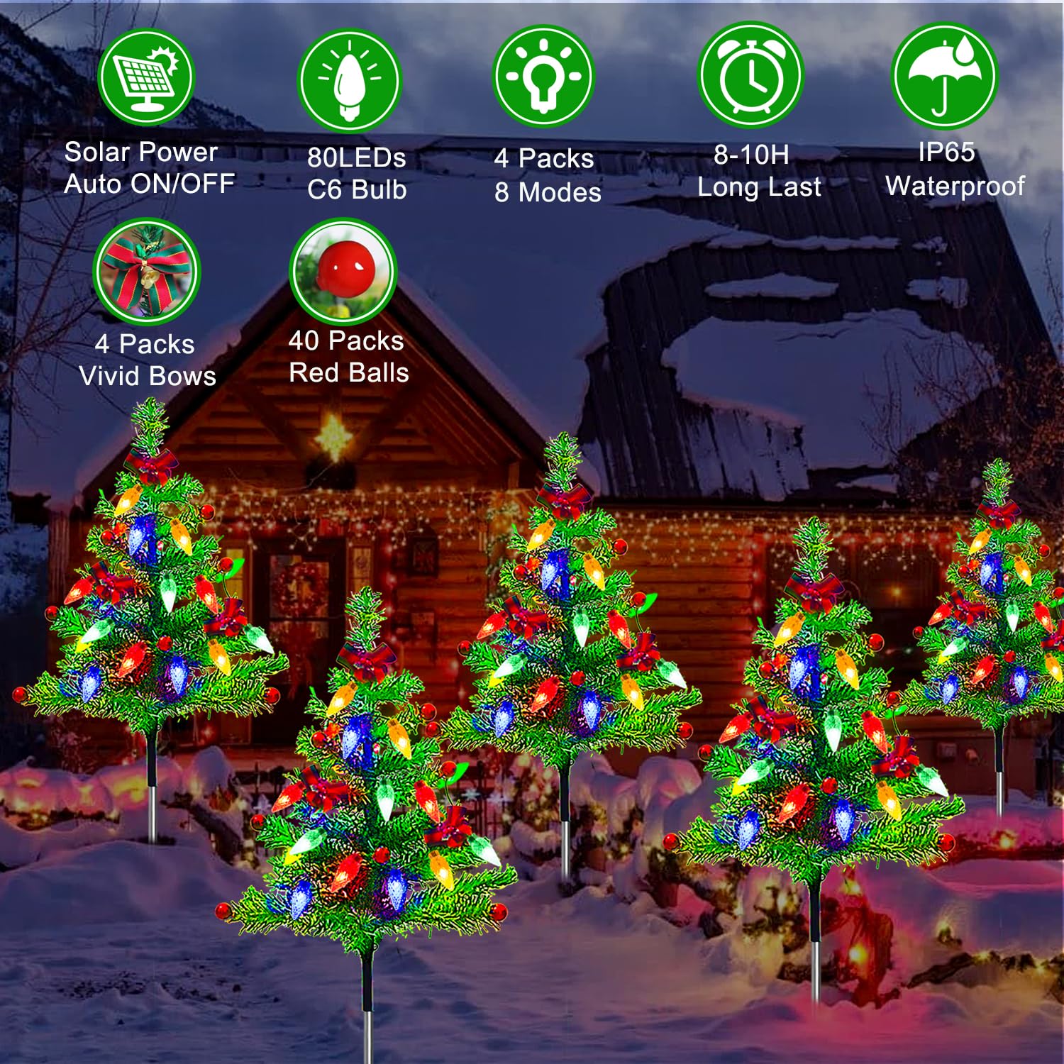4-Pack Solar Powered Christmas Tree Lights with 8 Lighting Modes - Waterproof Outdoor Holiday Decor for Yard, Garden, Pathway, Porch - Perfect for Christmas, Patio, Deck & Landscape Lighting