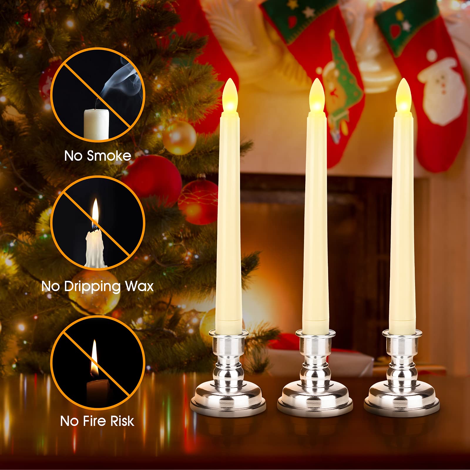 LED Flameless Taper Candles with Remote & Timer - Battery Operated Flickering Warm White Light - Christmas Wedding Party Holiday Decor - Window Table Centerpiece Decorations (9 Pack, Ivory + Silver Holder) - Perfect for Christmas Mantel, Dining Table, Wedding Centerpieces and Holiday Home Decor