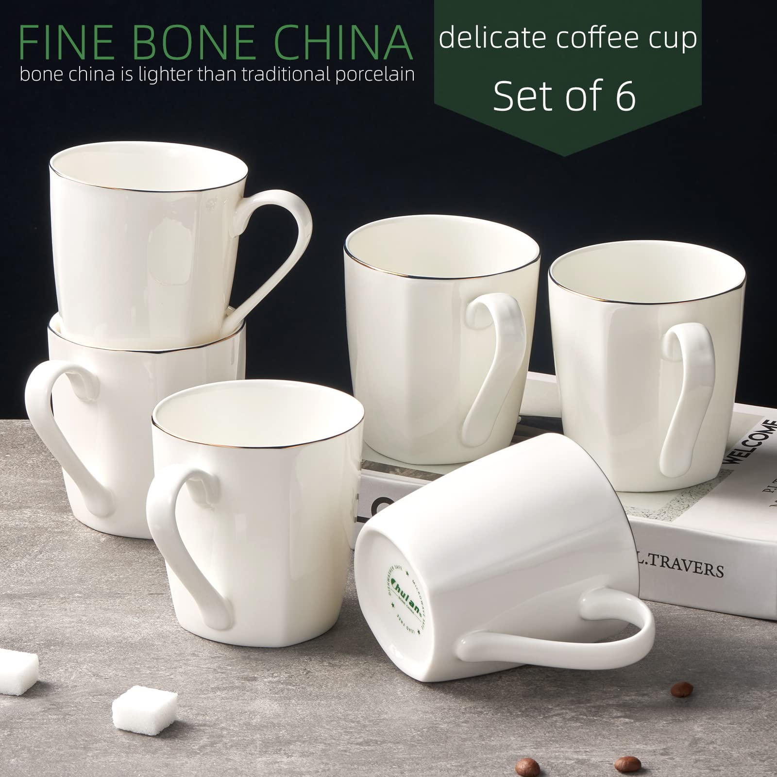 Premium Bone China Coffee Mugs Set of 6 - 10oz Porcelain Espresso Cups with Elegant Gold Trim, Lightweight Ceramic Tea Mugs, Microwave & Dishwasher Safe - Perfect for Home, Office, and Gift Giving (Moonlight Collection)