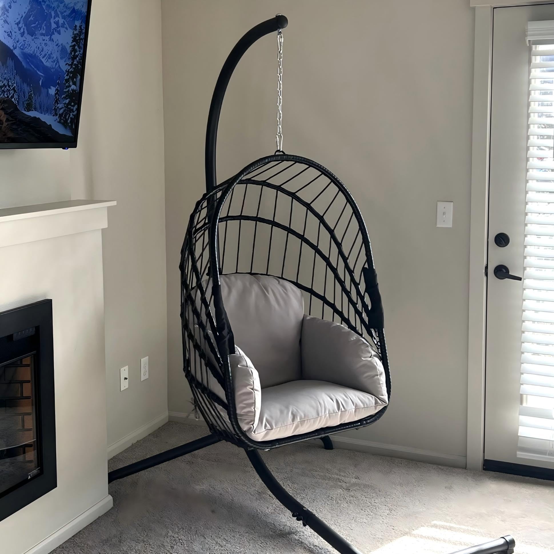 DWVO Foldable Wicker Egg Swing Chair 450lbs Capacity - Hanging Hammock with Cushions & Stand, Indoor/Outdoor Patio Swing Chair for Bedroom, Garden, Balcony (Grey) - Perfect for Relaxing, Reading & Lounging in Your Backyard or Sunroom