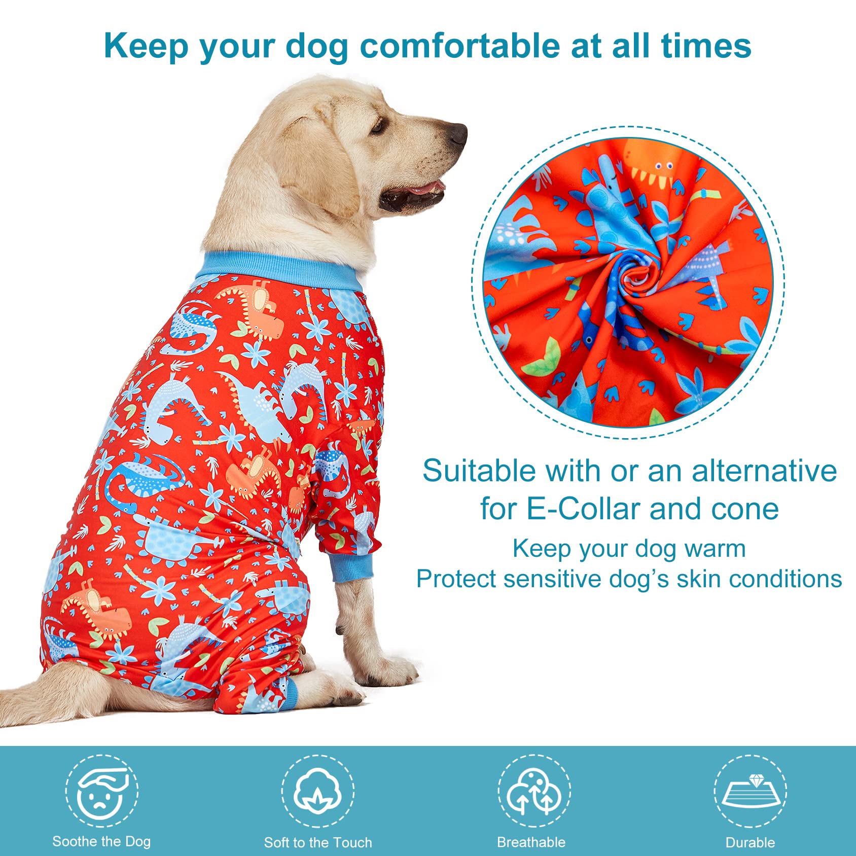 LovinPet Pitbull Dog Pajamas - Large Dog Onesies for Surgery & Wound Care, Lightweight Stretchy Knit Dinosaur Print Pajamas with UV Protection - XL Dog Costume for Anxiety Relief & Comfort | Perfect for Post-Surgery Recovery, Winter Warmth, and Pet Photo Shoots