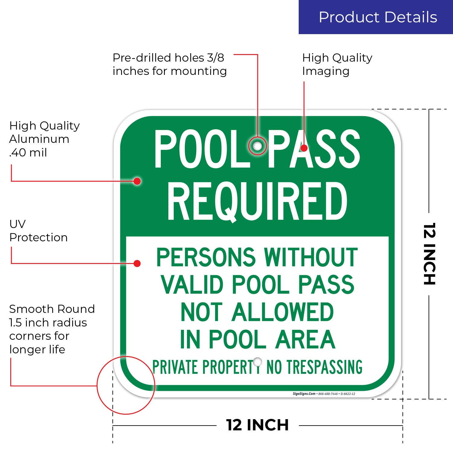 Pool Safety Sign - 'Persons Without Valid Pool Pass Not Allowed' - 12x12 Inch Rust-Free Aluminum Sign - Fade Resistant for Indoor/Outdoor Use - Made in USA - Perfect for Community Pools, Water Parks & Private Swim Areas