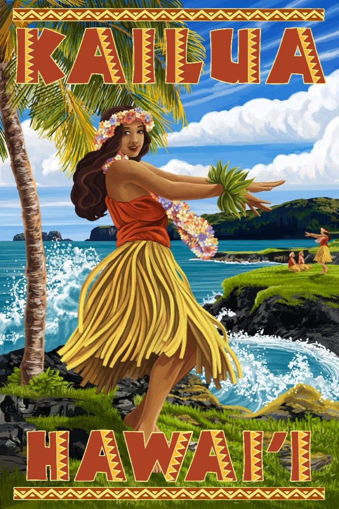 Hawaii Hula Girl Wall Art Poster - 12x18 Inches Tropical Beach Decor, Kailua Coastline Print for Living Room, Bedroom & Office Decoration