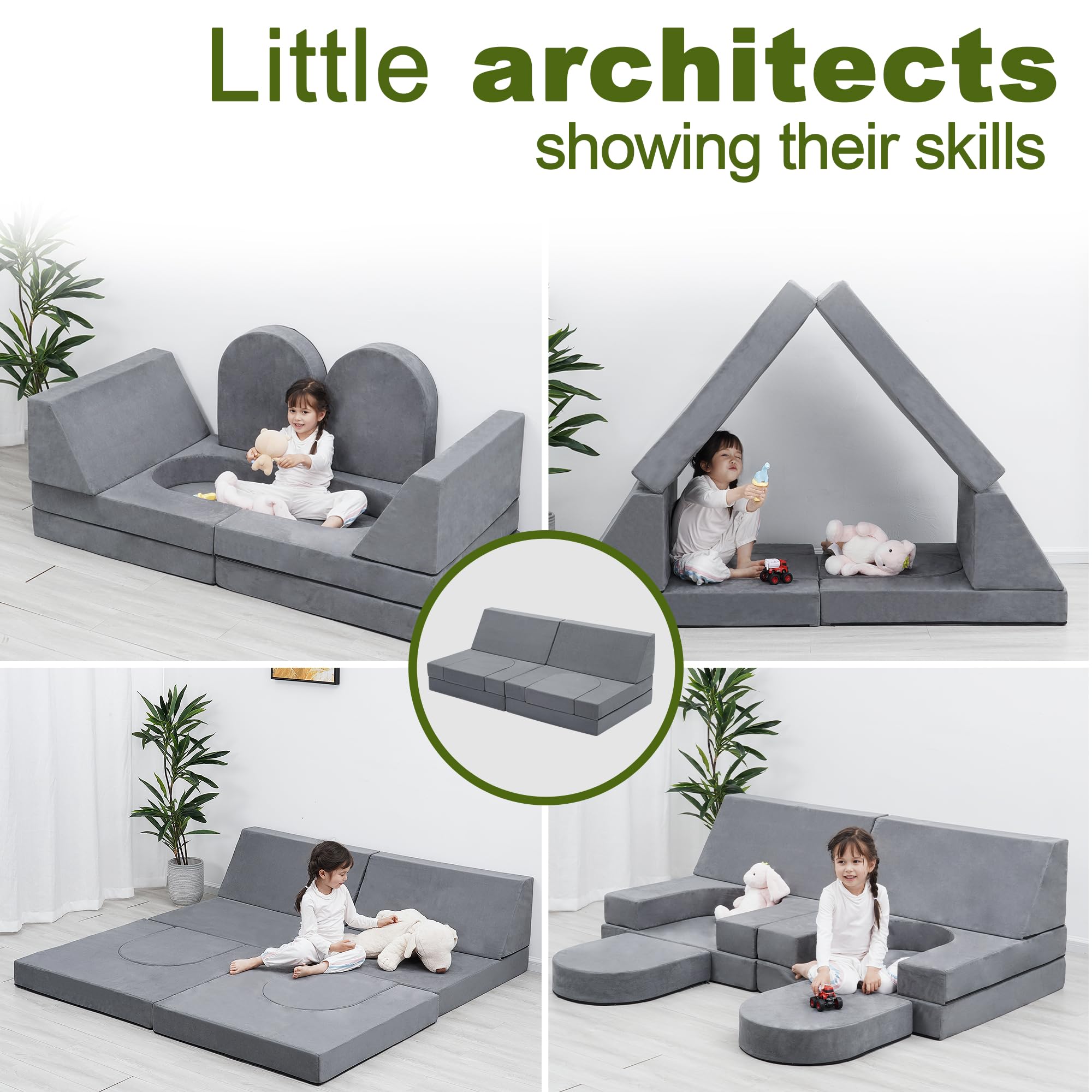 8PCS Modular Kids Play Couch - Convertible Foam Sofa Bed for Boys & Girls, Toddler Playroom Furniture for Building Forts & Indoor Play (Grey) | Perfect for Playrooms, Bedrooms & Homeschooling Spaces