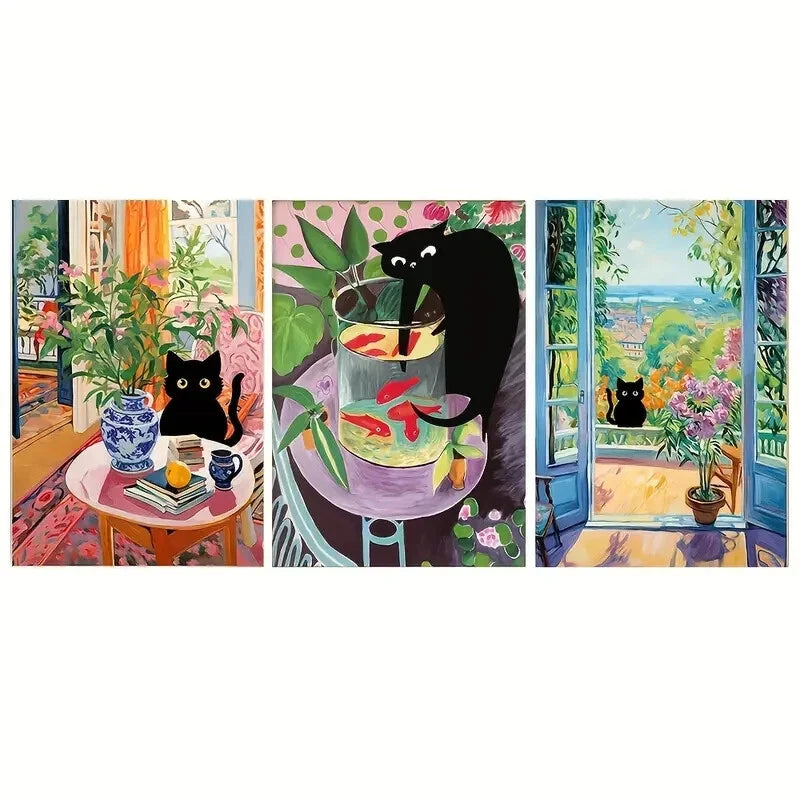 3-Piece Modern Henri Matisse Cat Wall Art Set - Framed Canvas 40x60cm (16x24in) - High Quality Print - Ready to Hang - Australian Made - Perfect for Living Room, Bedroom & Office Decor