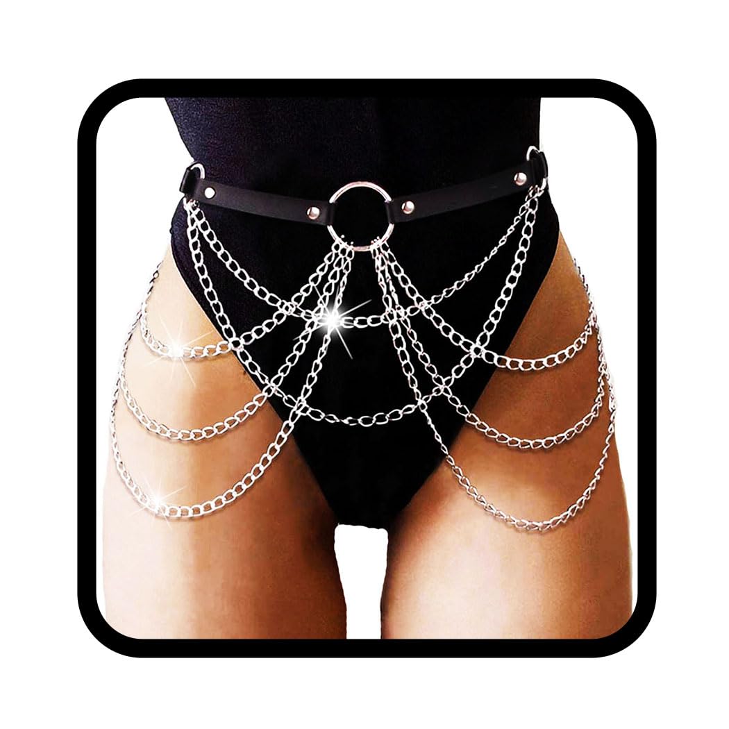 Flovel Punk Black Leather Body Chain - Multilayered Waist & Belly Chain Jewelry for Women | Gothic, Rave & Festival Fashion Accessory | Perfect for Concerts, Parties and Biker Outfits