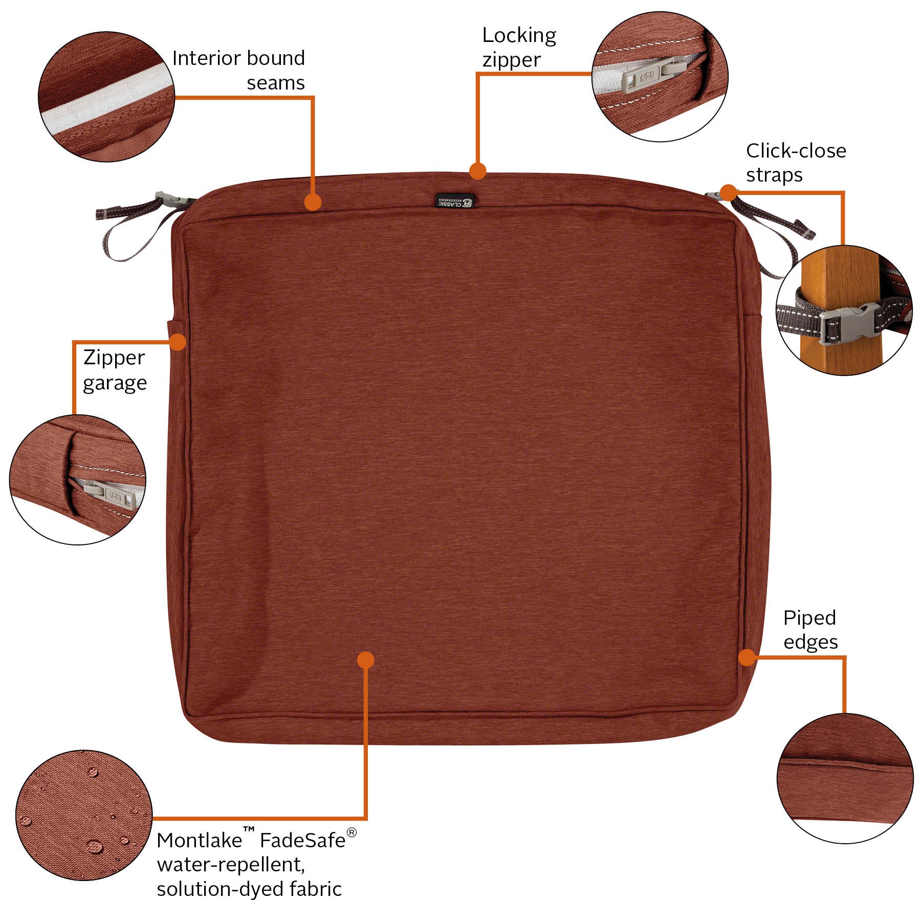 Classic Accessories Montlake Patio FadeSafe Seat Cushion Slip Cover - Henna, 25