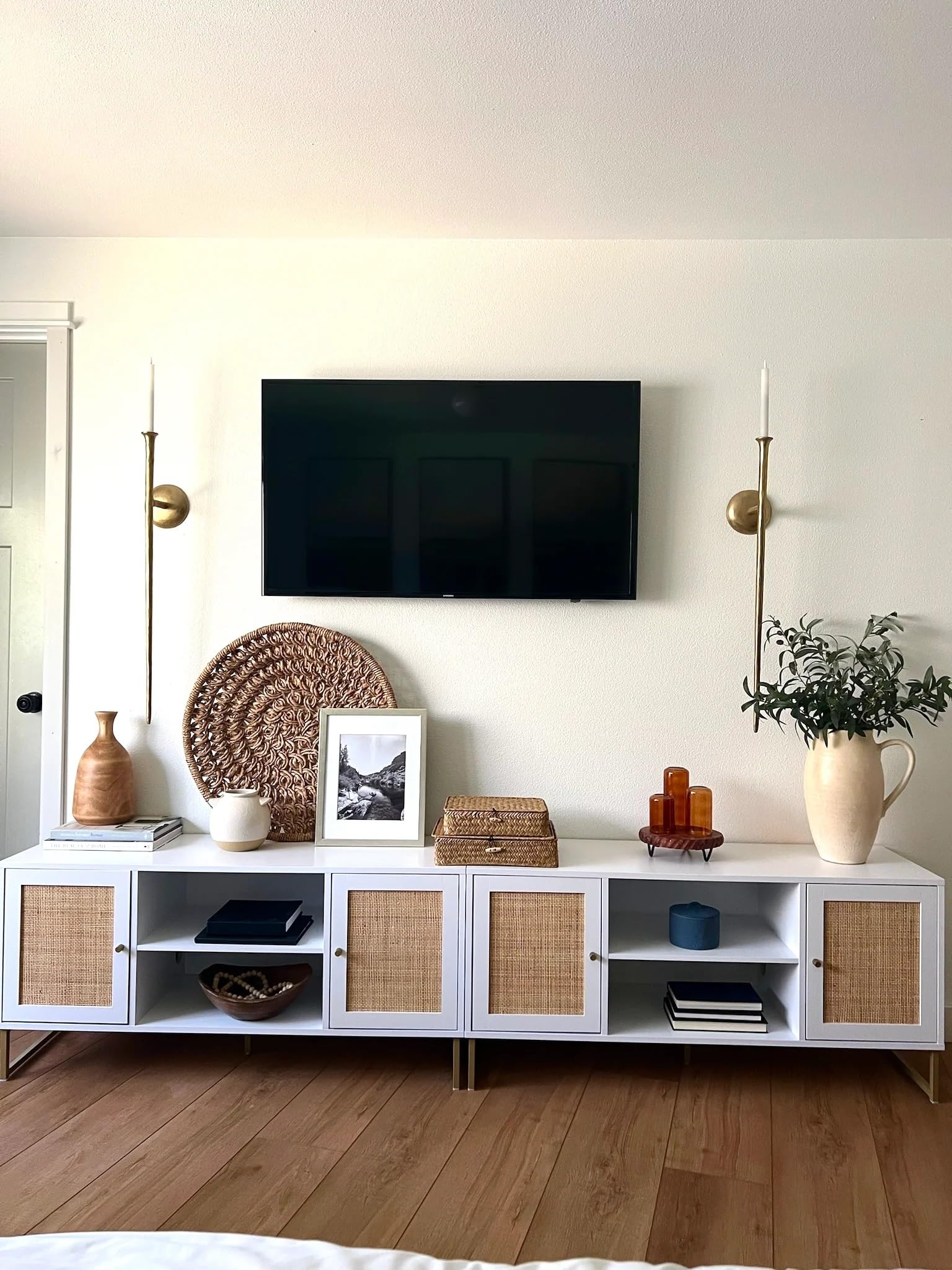 Nathan James Mina Modern TV Stand with Rattan Storage Doors - Matte White & Gold Entertainment Console for Living Room & Media Room | Stylish TV Cabinet with Brass Accents for Home Theater Setup