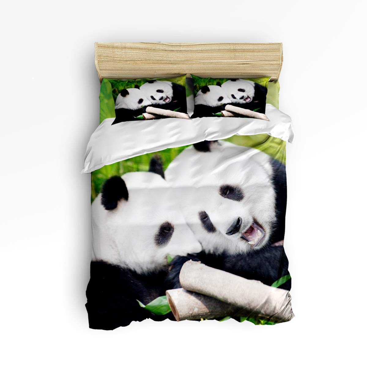 Trendier King 4-Piece Duvet Cover Set - Funny Animal Bear Panda with Bamboo Pattern Bedding Set, Includes 1 Flat Sheet, 1 Duvet Cover & 2 Pillowcases - Soft & Breathable for Cozy Bedroom Decor - Perfect for Kids Room, Guest Room & Dormitory