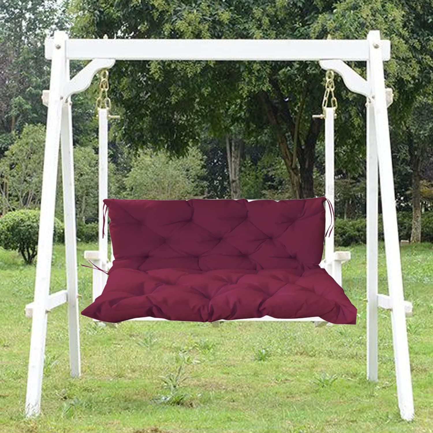 Premium 2/3 Seat Outdoor Swing Cushions - Waterproof Garden Bench Cushions with Backrest & Non-Slip Ties - 40x40 Inch Overstuffed Patio Swing Cushions (Wine Red) - Perfect for Porch, Deck, Backyard & Outdoor Relaxation