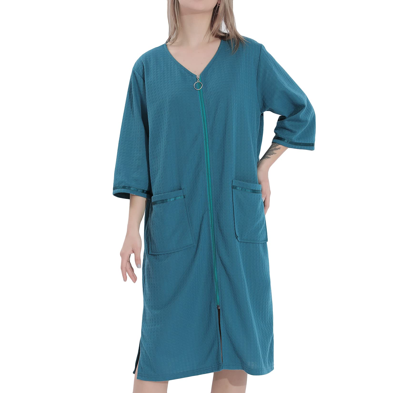 Lu's Chic Women's Waffle Robe Duster - Lightweight Zip Up Bathrobe & Housecoat for Lounge, Spa & Sleepwear | Soft Casual Nightgown for Home Relaxation