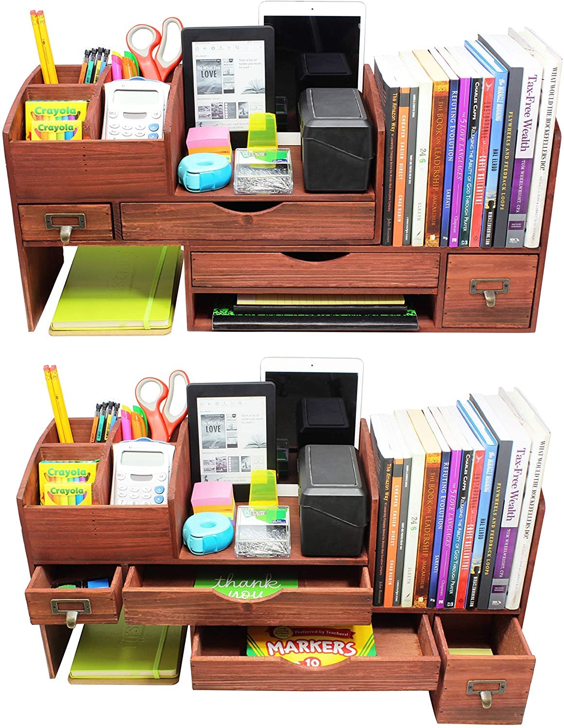 Premium Adjustable Wooden Desk Organizer - Cherry Wood Storage Shelf for Office Supplies, Mail & Accessories - Perfect for Home Office, Workspace & Countertop Organization