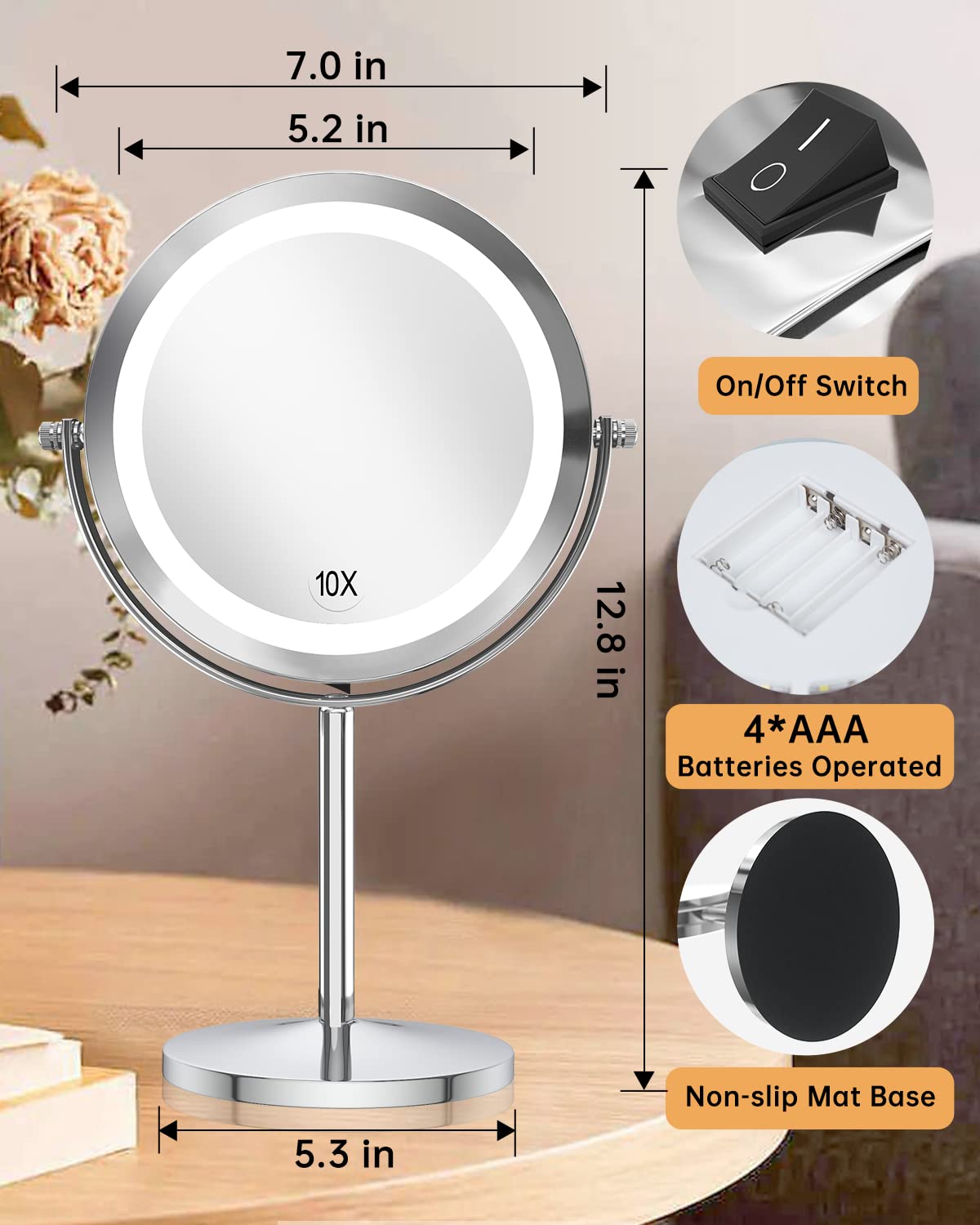 10X Magnifying Makeup Mirror with LED Lights - 360° Swivel Double-Sided Vanity Mirror for Shaving & Bathroom - 7 Inch Round Battery-Operated Standing Mirror for Precise Makeup & Grooming