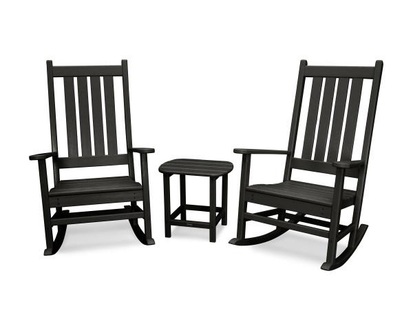 Polywood Black Vineyard 3-Piece Rocking Chair Set - Outdoor Patio Furniture for Garden, Porch & Backyard Relaxation