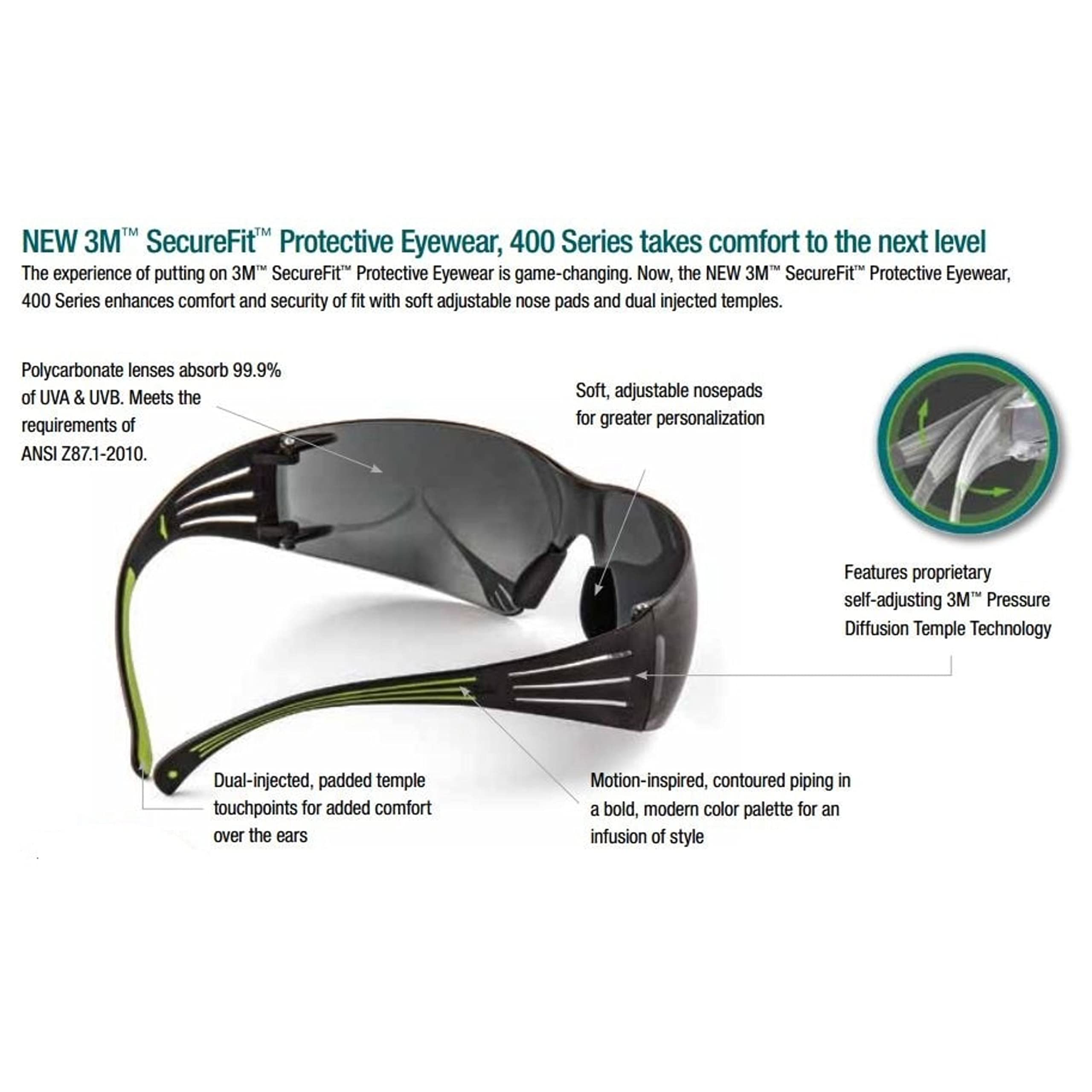 3M SecureFit 400 Series Safety Glasses - Anti-Fog & Anti-Scratch Lens, Dual-Injected Temples, Soft Nose Bridge - Pack of 20 (Gray Lens, Black/Green Frame) - Perfect for Construction, Woodworking, Lab Work & DIY Projects