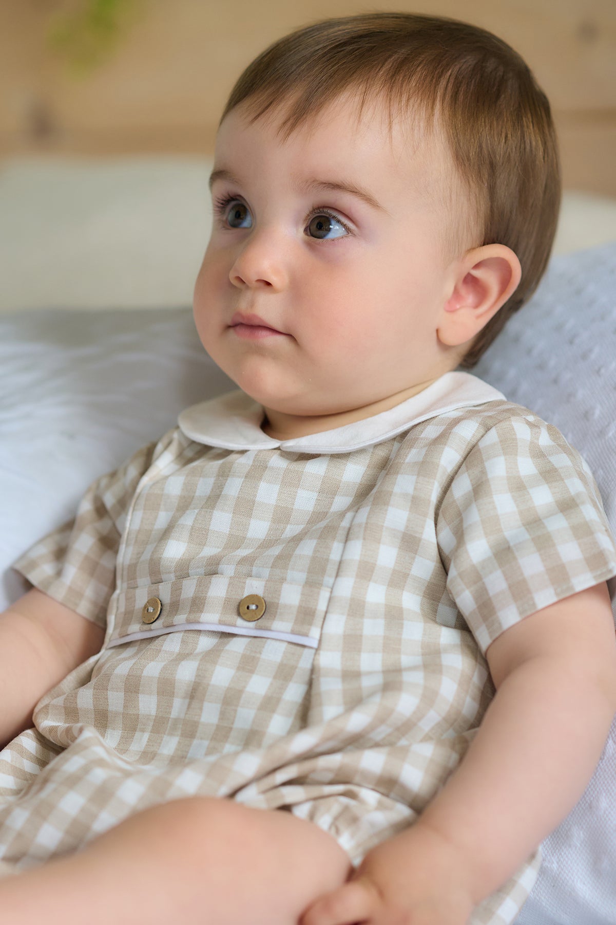Remy Beige Gingham Romper - Stylish Baby Jumpsuit for Girls & Boys | Perfect for Summer Outfits, Photoshoots & Casual Playdates