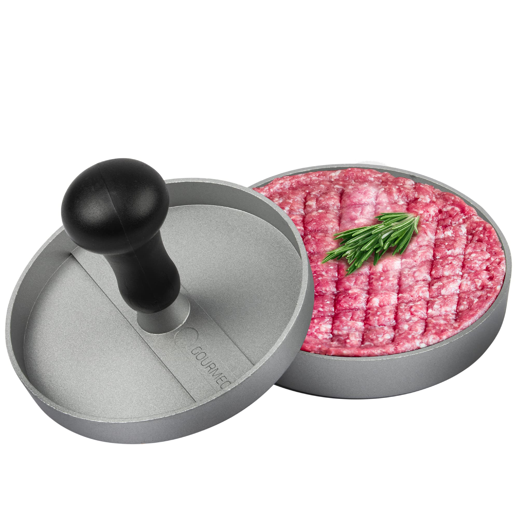 GOURMEO Cast Aluminum Hamburger Press with Non-Stick Coating + 30 Non-Stick Sheets | Burger Maker for Perfect Homemade Patties | Ideal for BBQ, Picnics, and Home Cooking