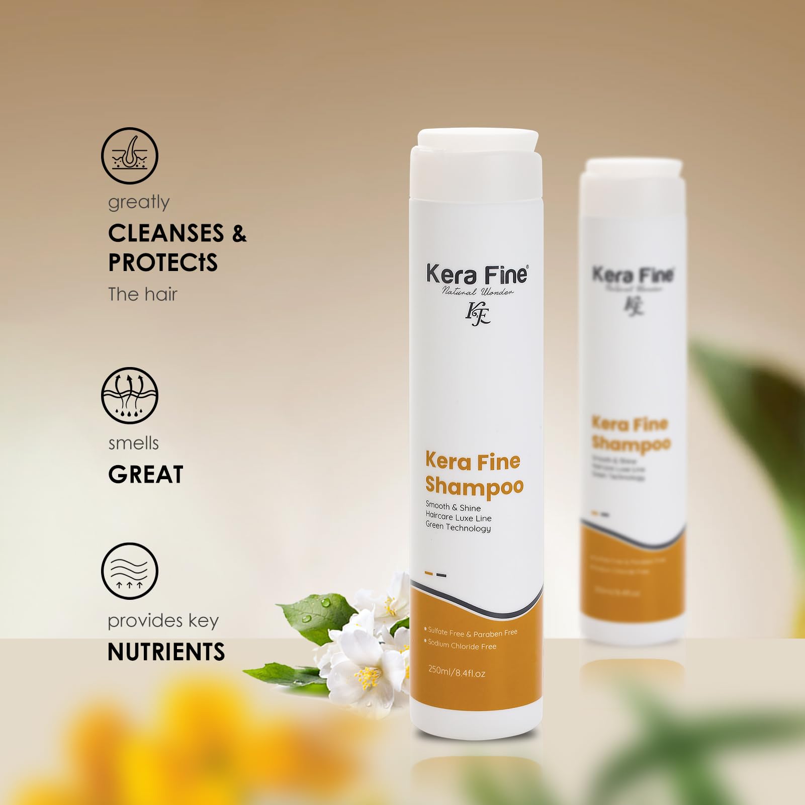 Kera Fine Smooth & Shine Shampoo 250ml - Sulfate Free, Paraben Free & Sodium Chloride Free - Green Technology for Luxurious Smooth & Shine Haircare - Perfect for Daily Use & Salon-Quality Results at Home