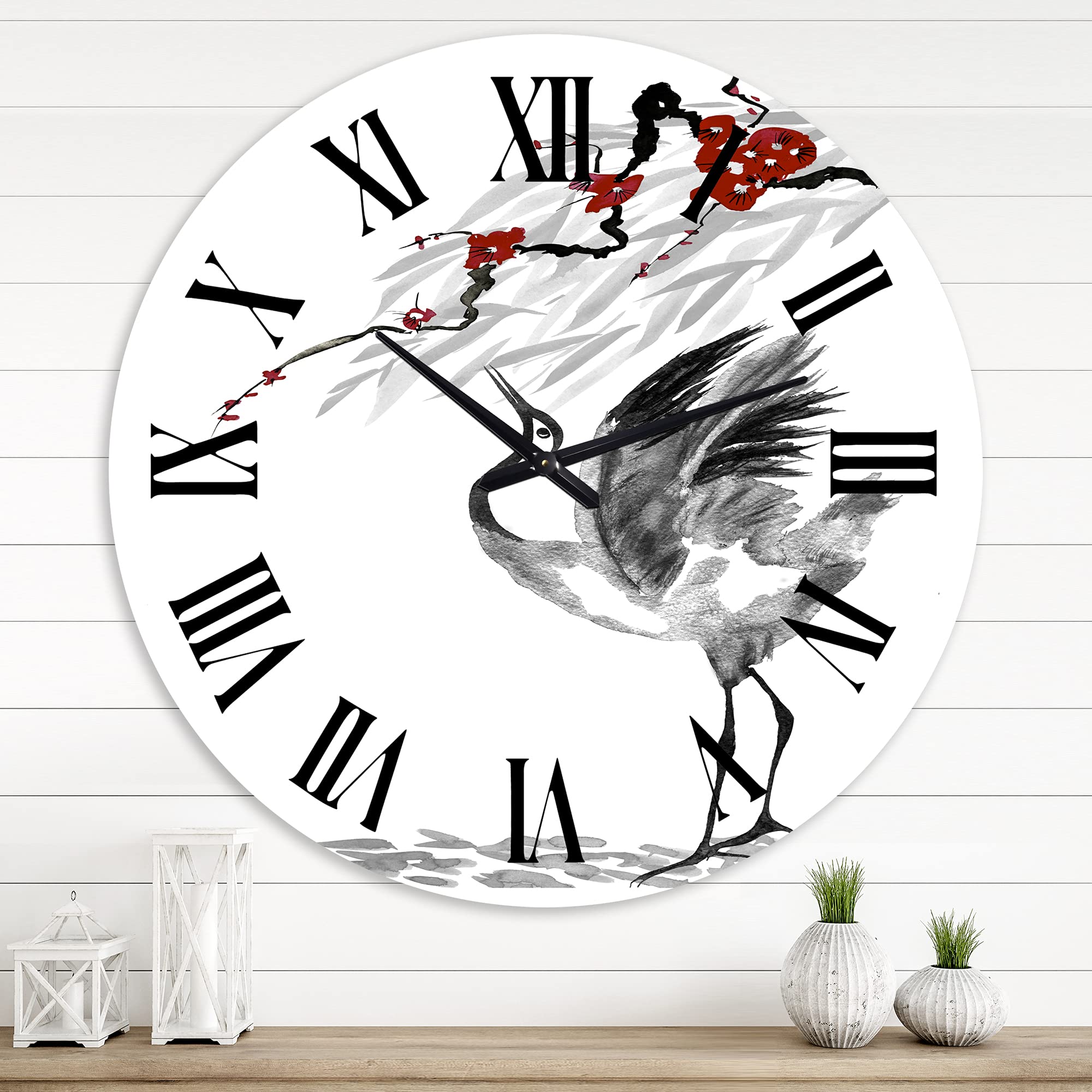 DesignQ Traditional Japanese Cranes & Red Flowers Wall Clock - Large Nature-Inspired Office Decor for Home & Workplace | Perfect for Living Room, Bedroom & Office Spaces