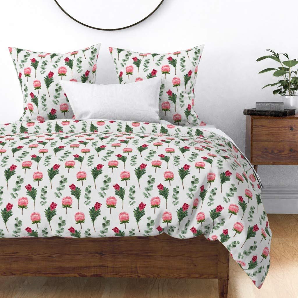 Protea Eucalyptus Floral Watercolor Duvet Cover - Twin Size Cotton Sateen Bedding Set | Botanical Garden Spring Bouquet Design | Pink Floral Print for Home Decor & Kitchen Accessories | Perfect for Guest Rooms, Dormitories & Cozy Bedroom Makeovers