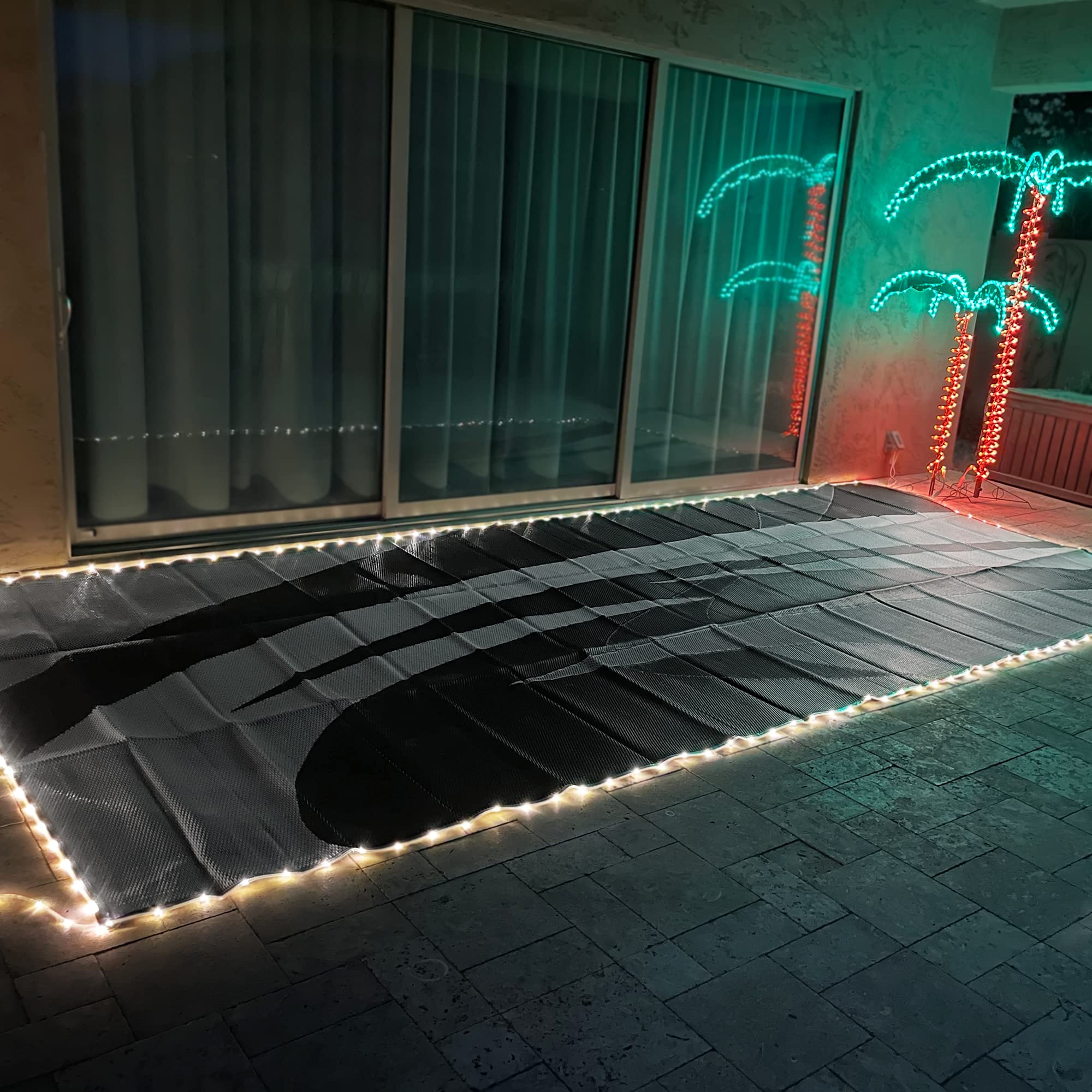 Premium 8ft x 18ft LED Illuminated Outdoor Patio Mat - Waterproof Camping Rug for RV, Backyard, Deck & Poolside - Stylish Black/White Design - Weather-Resistant & Durable for All Seasons