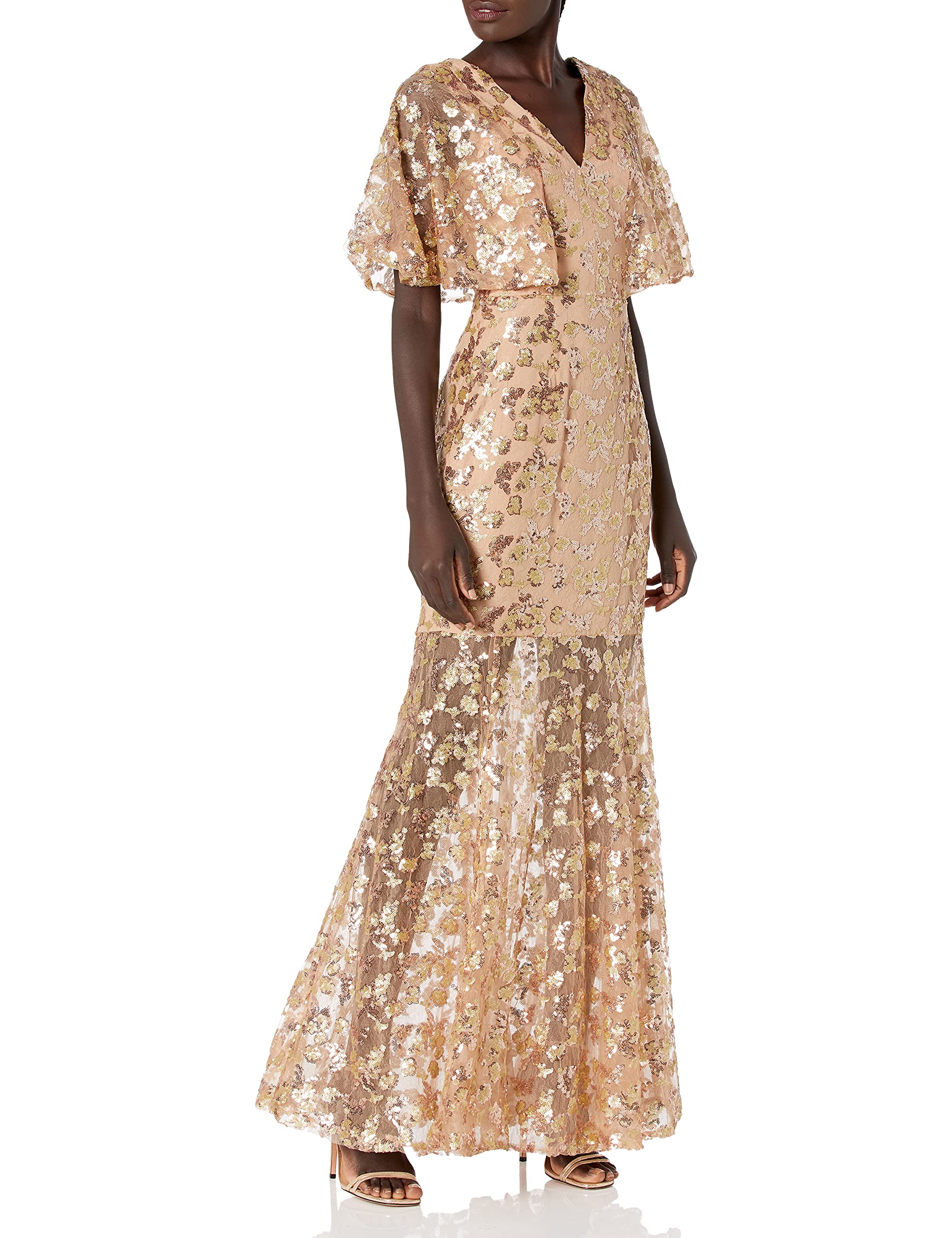Dress the Population Women's Lourdes Flutter Sleeve Sequin Lace Long Gown - Elegant Evening Dress for Prom, Wedding & Formal Events