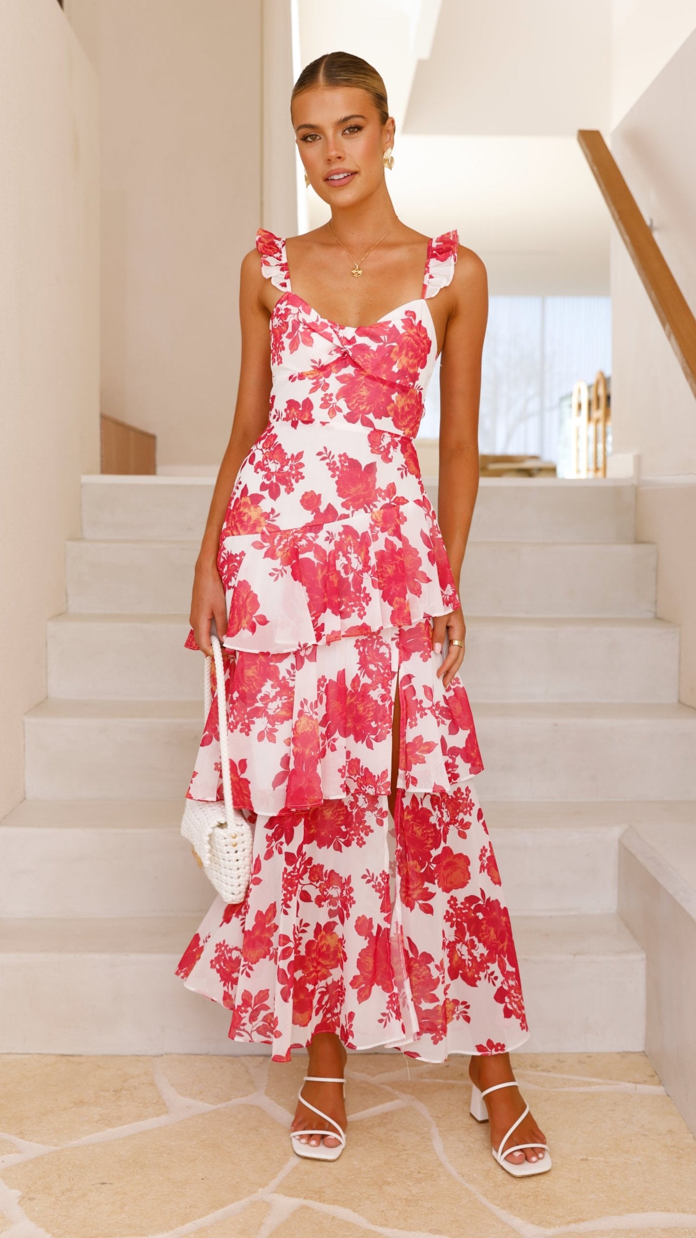 Achelle Women's Maxi Dress - Red Floral Print Long Summer Dress for Beach, Vacation & Casual Wear | Flowy Boho Style Dress with Side Pockets