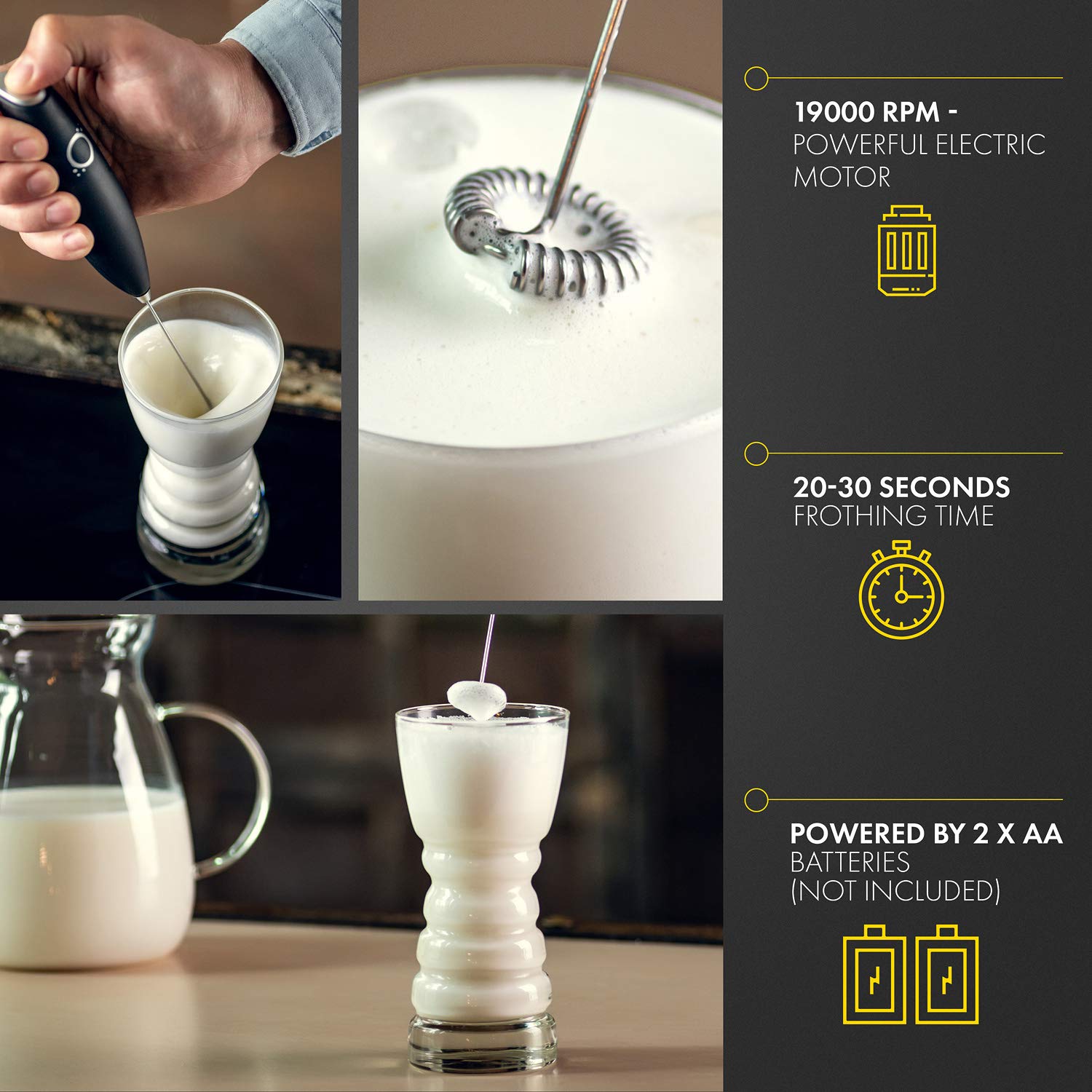 Premium Handheld Milk Frother for Coffee & Matcha - Electric Drink Mixer with Stainless Steel Whisk - Ergonomic Design with Stand & Recipe Book - Perfect for Lattes, Cappuccinos & Hot Chocolate at Home - by Unicoff (Black)