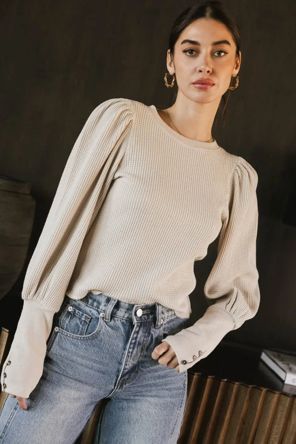 Lettie Cream Waffle Knit Top for Women - Soft & Comfortable Casual Shirt - Perfect for Everyday Wear, Layering, and Fall Outfits