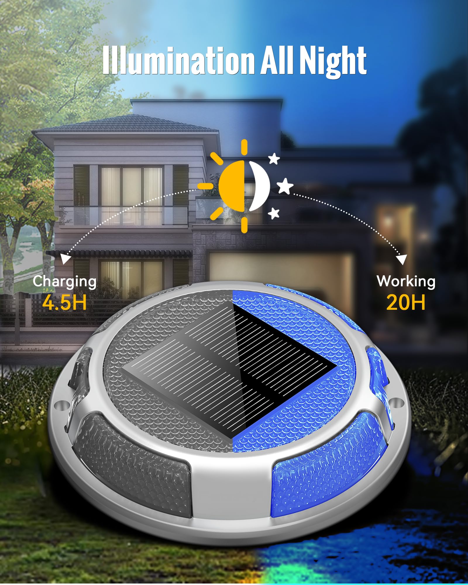Solar Powered LED Driveway Lights - Waterproof Outdoor Solar Deck Lights (4 Pack, Blue & White) for Pathway, Stairs, Steps - Perfect for Garden, Patio, and Landscape Lighting at Night