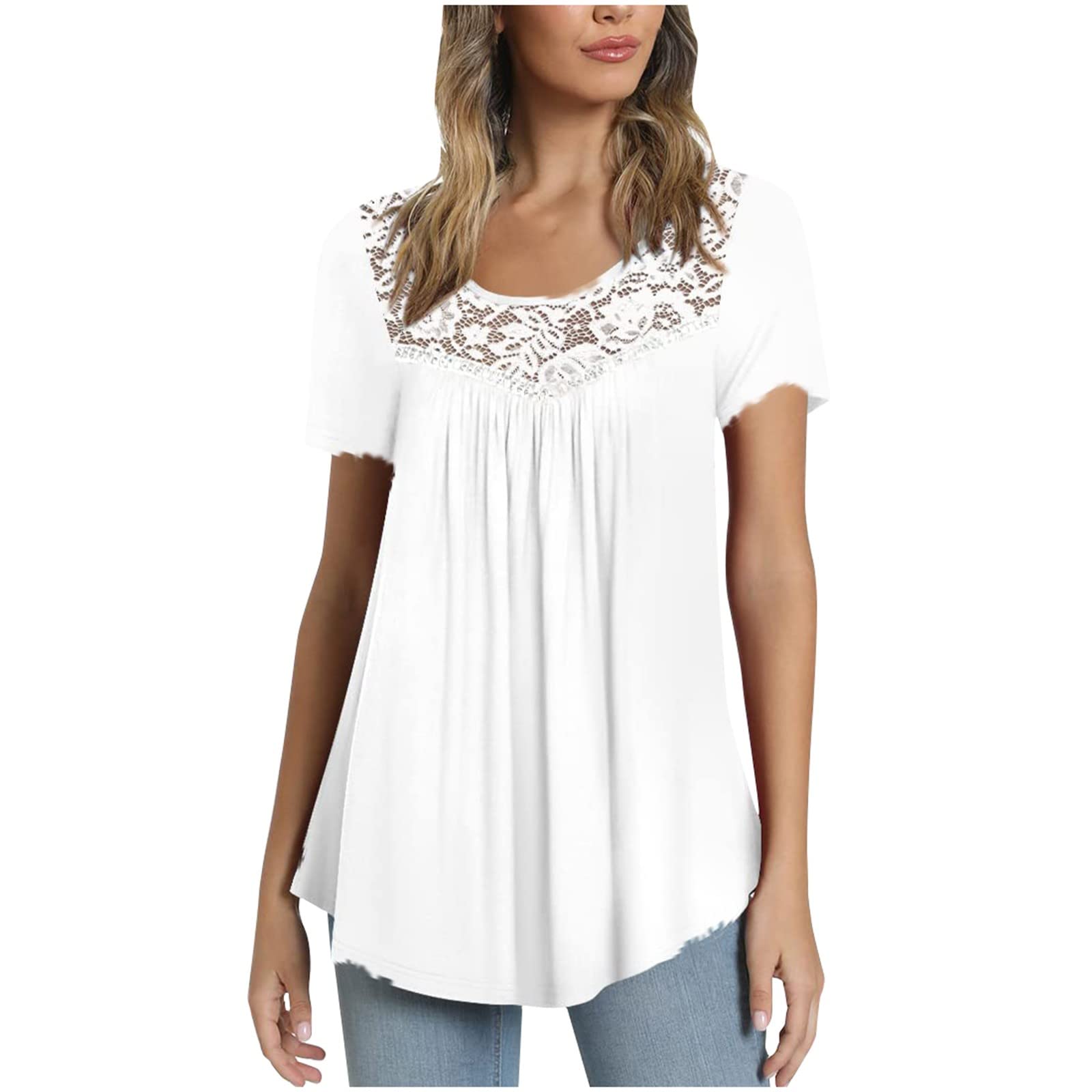 Women's Lace Patchwork Round Neck Short Sleeve Casual T-Shirt - Summer Vacation Tunic Top for Beach, Travel & Everyday Wear