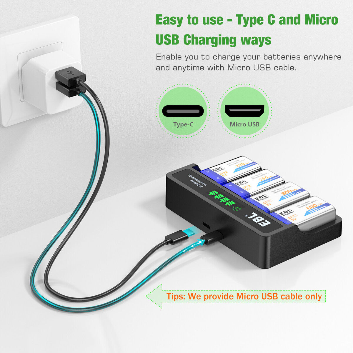 EBL 4 Bay 9V Battery Charger for Rechargeable Li-ion Ni-MH Ni-CD Batteries - Fast Charging for Smoke Detectors, Guitar Pedals & Wireless Microphones