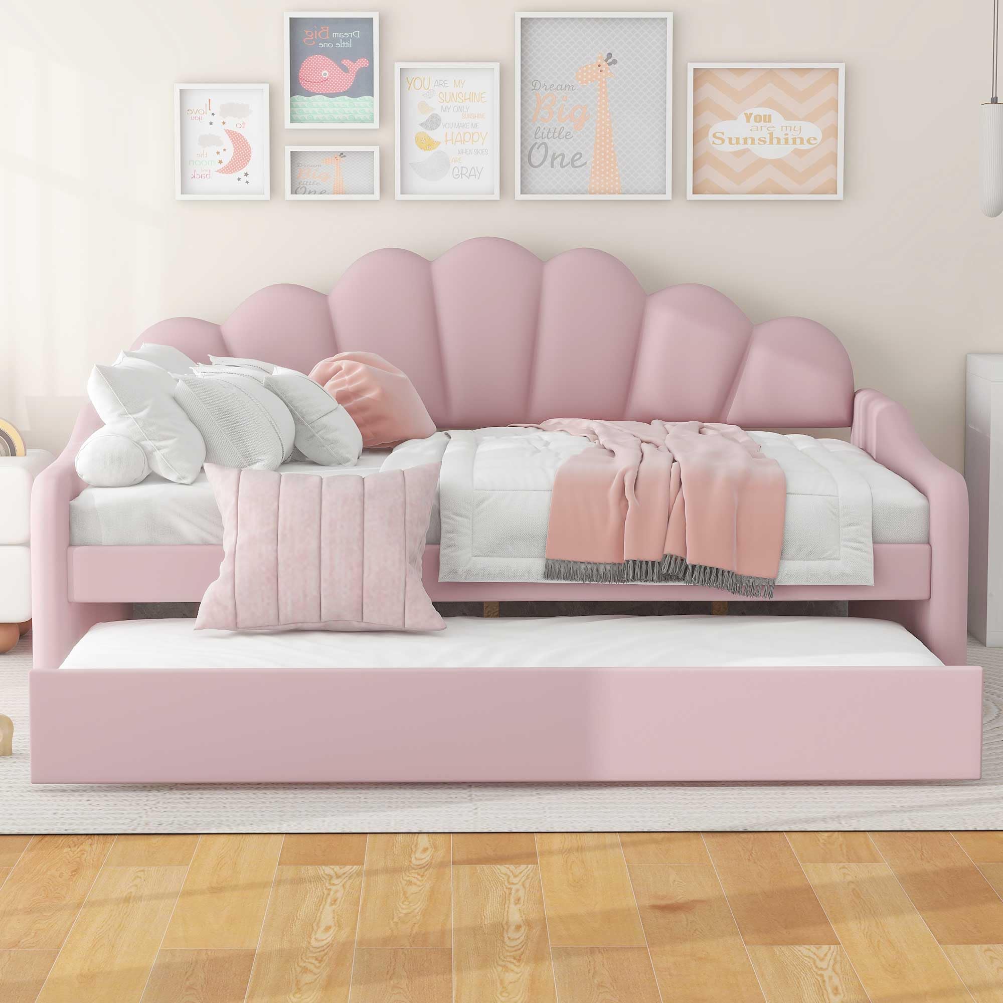 P PURLOVE Velvet Upholstered Daybed with Trundle - Pink Tufted Sofa Bed with Shell Shaped Backrest, No Box Spring Needed, Perfect for Guest Room, Small Space & Apartment Living