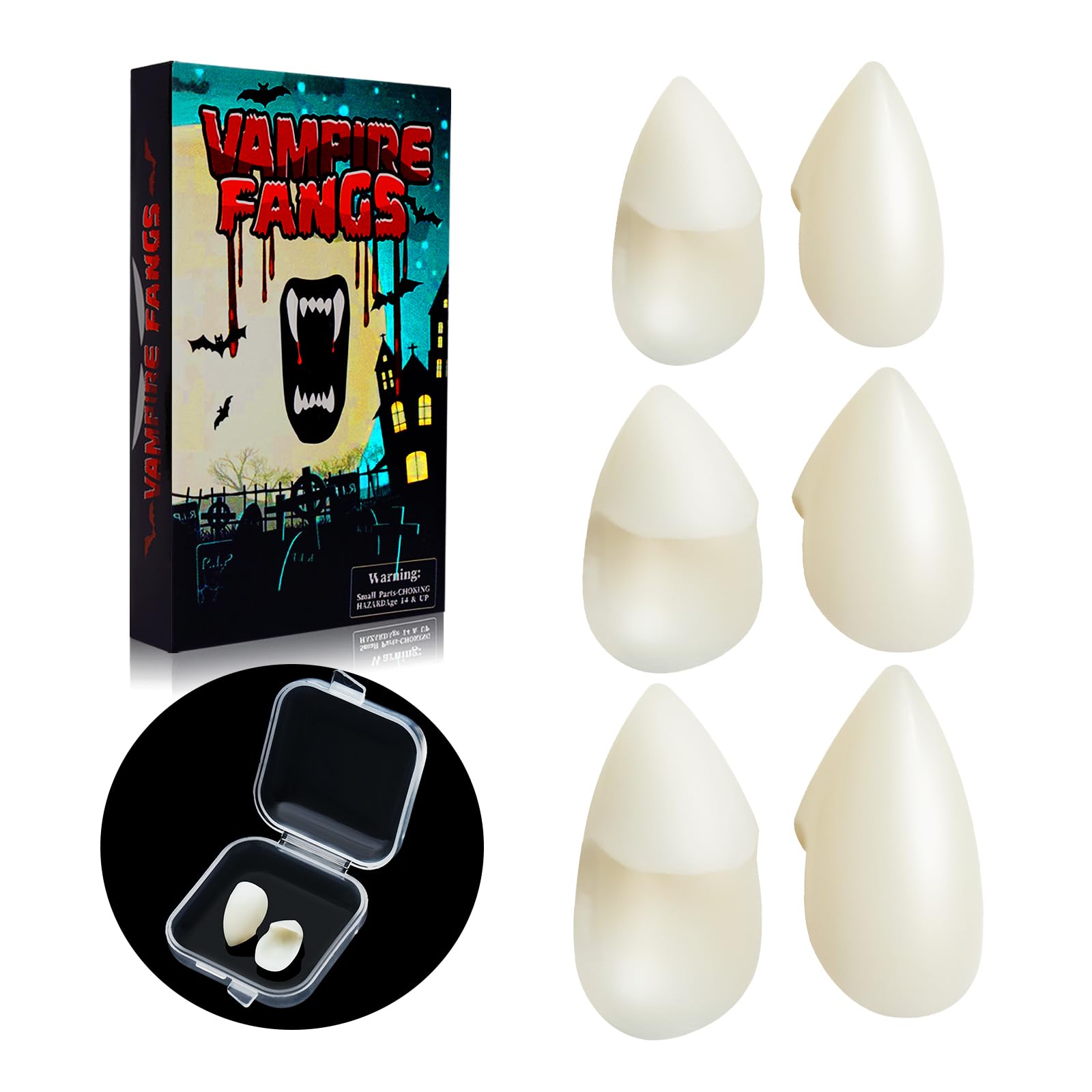 BLUECOW Vampire Teeth for Adults - 3 Pairs (15mm, 17mm, 19mm) Fake Fangs - Perfect for Halloween Costumes, Cosplay, and Horror Parties