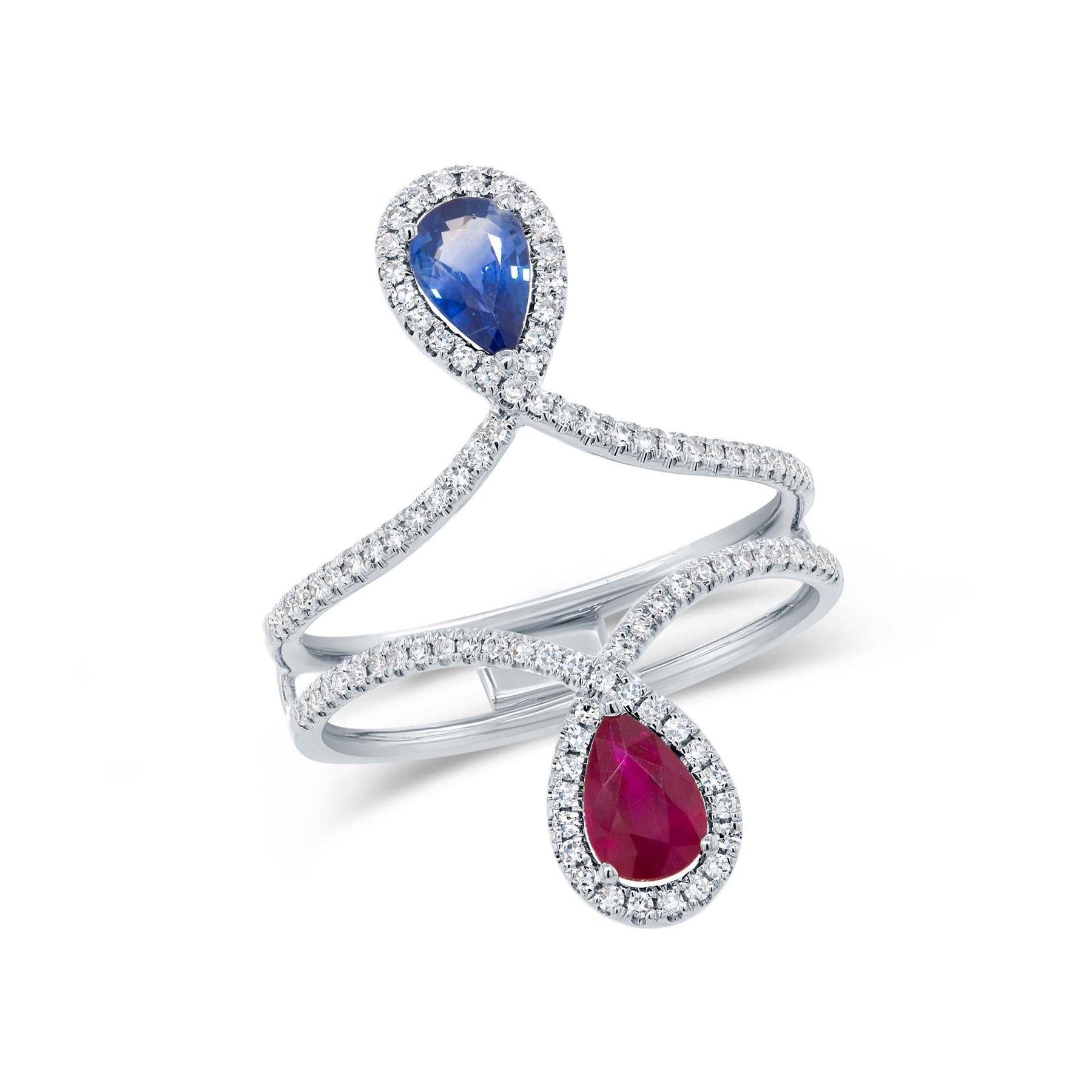 14K Gold 0.30 CTW Diamond & 0.99 CTW Ruby & Blue Sapphire Ring for Women - Elegant Wedding, Engagement, Anniversary Jewelry Gift