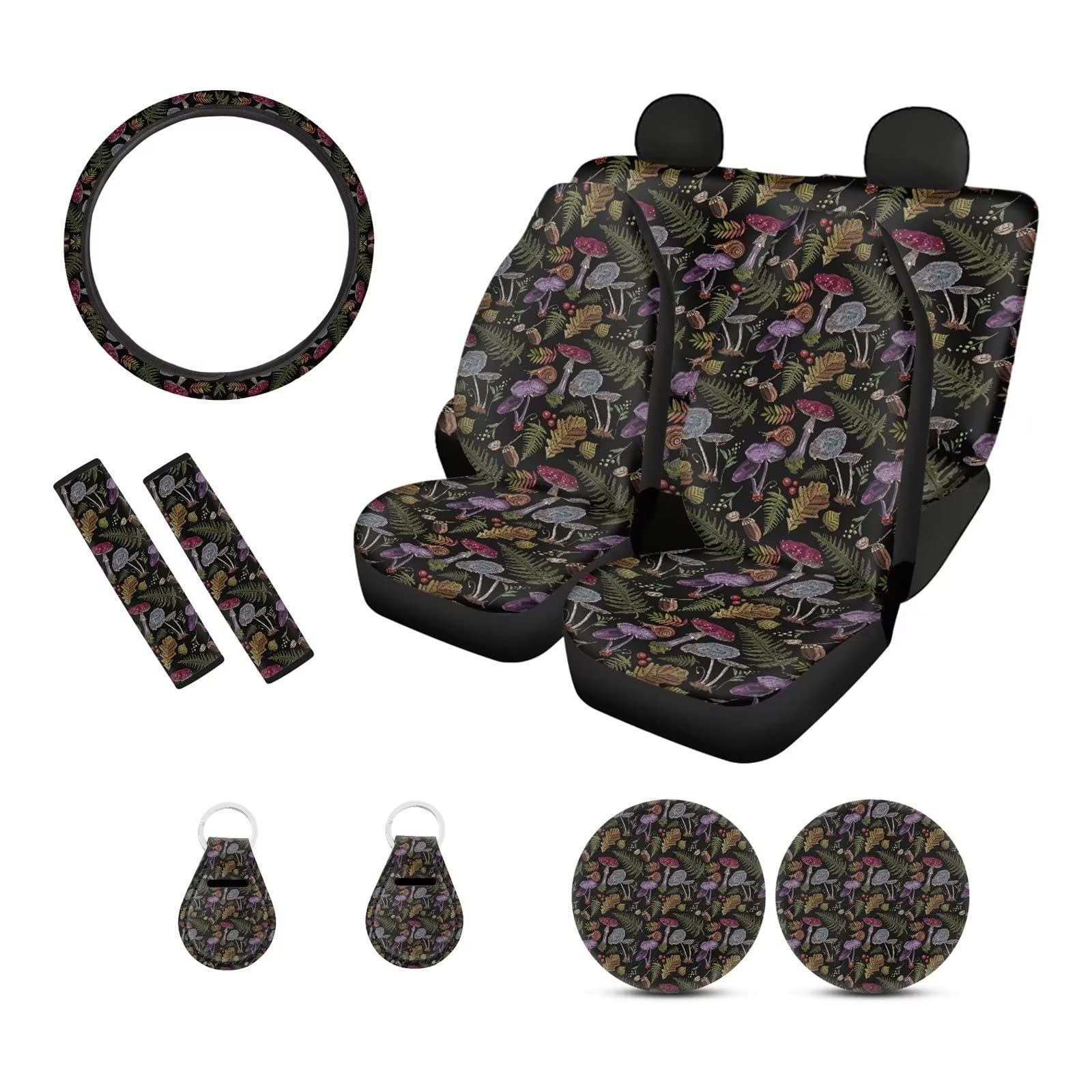 Suobstales 11-Piece Mushroom Car Accessories Interior Set - Front Bucket Seat Covers, Back Seat Cover for Split Bench, Steering Wheel Cover, Seat Belt Shoulder Pads, Auto Coasters & Keychains | Cute Car Decor for Women, Gift for Mushroom Lovers, Vehicle Interior Upgrade