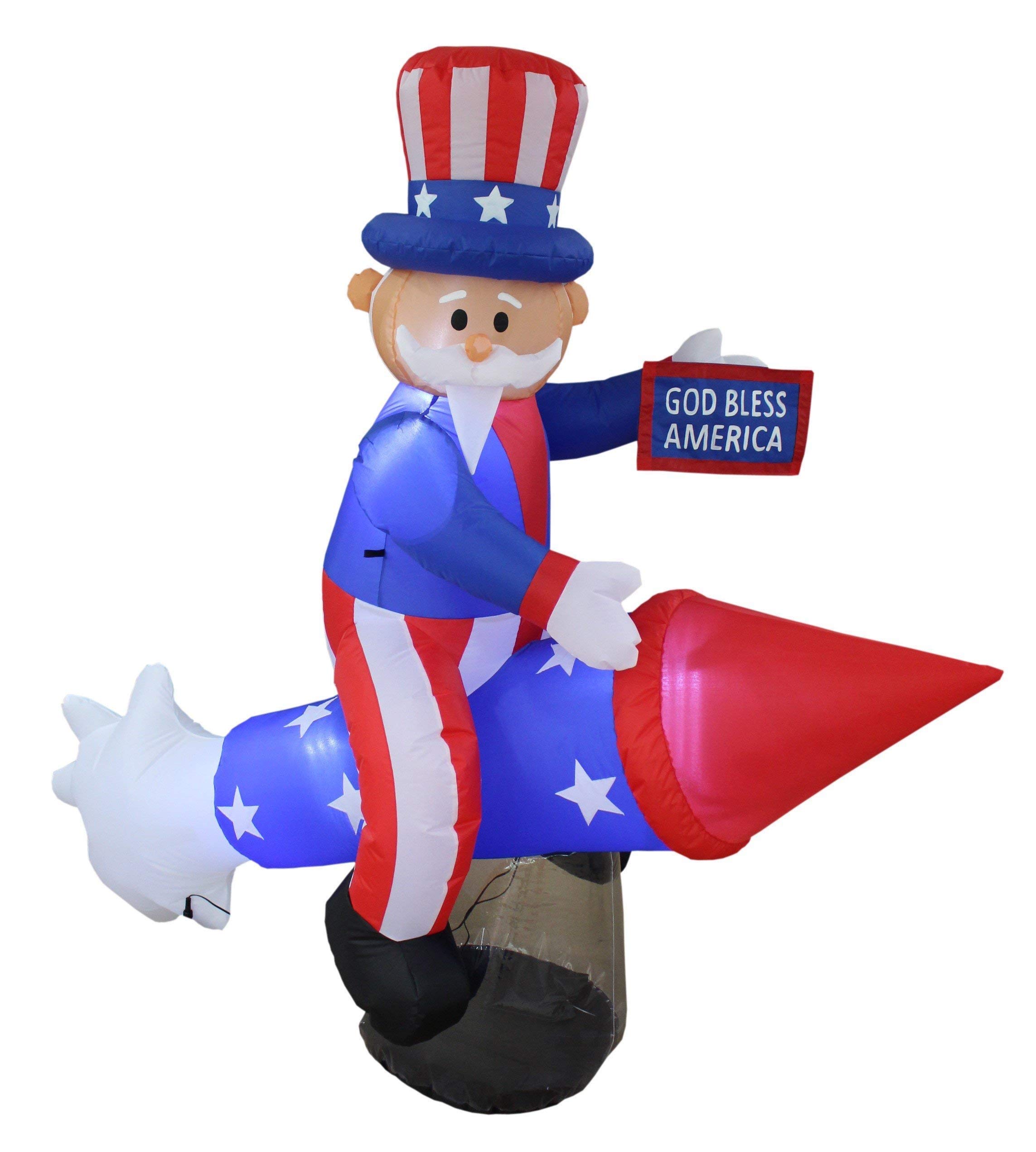 4ft Inflatable Easter Bunny with Cart & 6ft Inflatable Uncle Sam on Rocket Ship - Patriotic Party Decorations Bundle for Easter & Independence Day Celebrations, Backyard Decor, Holiday Events