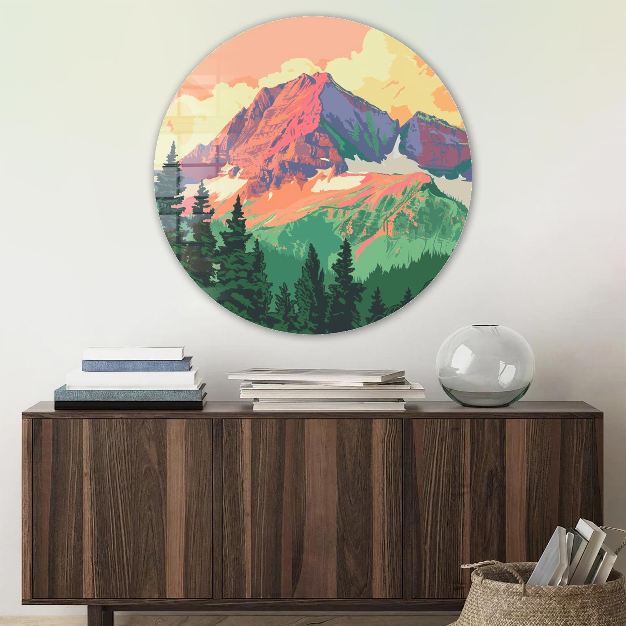 Mountains Illustration Rounded Glass Wall Art - Nature-Inspired Home Decor for Living Room, Bedroom & Office