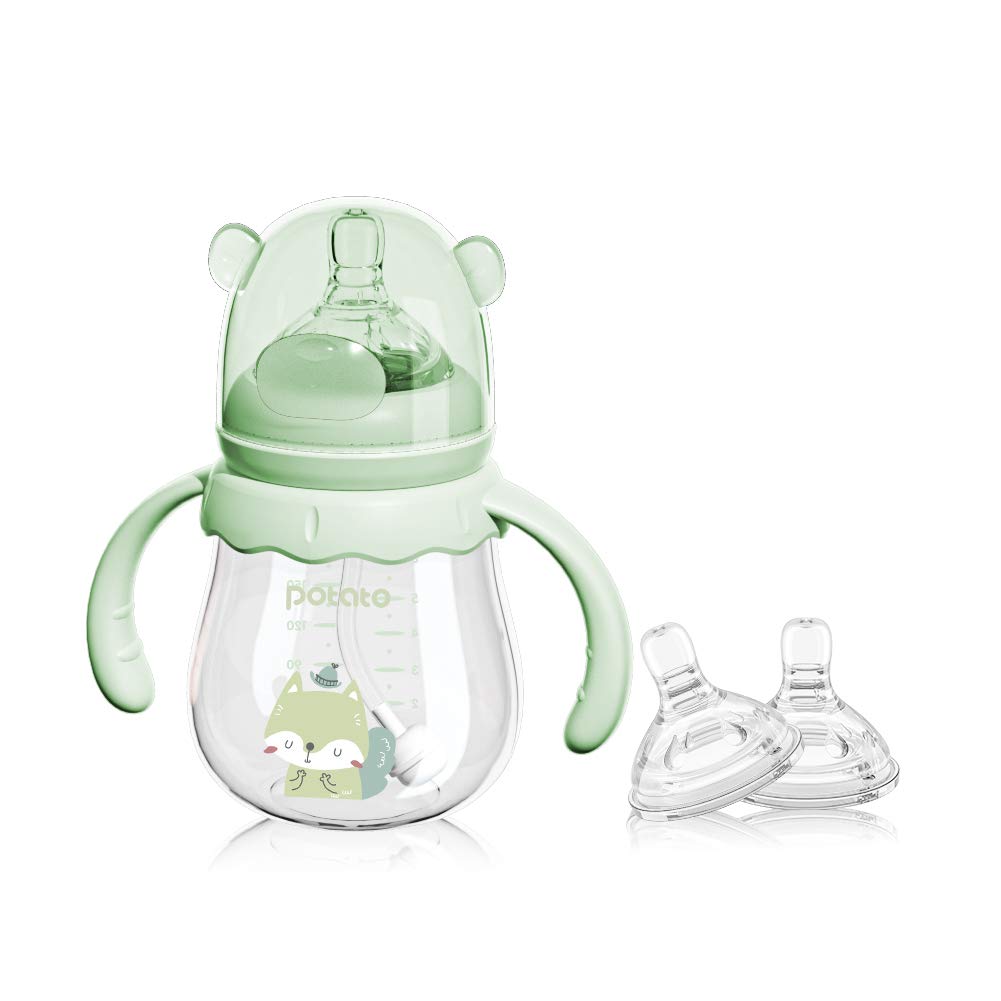 Organic Glass Baby Bottles for Breastfeeding - Anti-Colic with Medium Flow Nipple, BPA-Free for Newborns 3-6 Months, 6oz (180ml) with 2 Replaceable Nipples, Green - Perfect for Daycare, Travel & Gentle Feeding