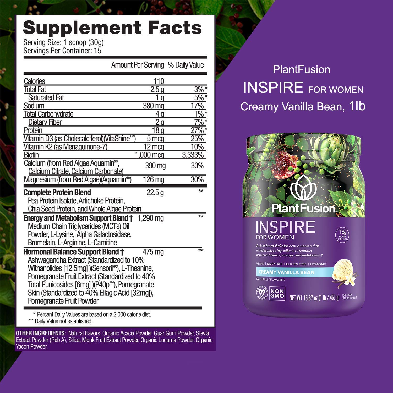 PlantFusion Inspire Plant Protein Powder for Women - Low Carb Vegan Protein Powder for Lean Muscle & Weight Management - Keto Friendly, Gluten Free, Soy Free, Dairy Free, Sugar Free, Non-GMO - Creamy Vanilla Bean Flavor (1 lb) | Perfect for Post-Workout Recovery, Smoothies & Healthy Meal Replacement