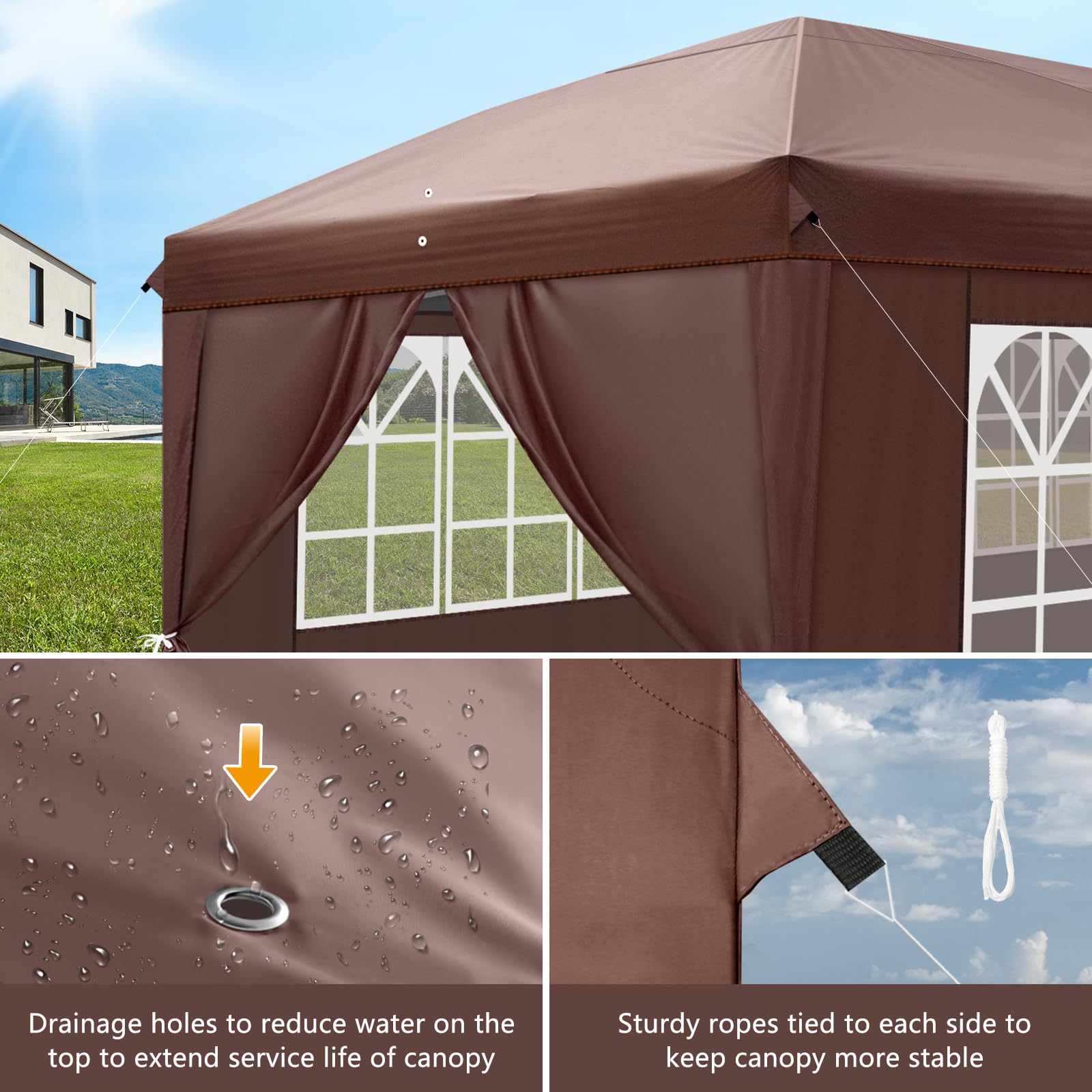 Outvita 10x20ft Ez Pop Up Canopy Tent - Portable Instant Shelter with 4 Sidewalls for Outdoor Events, Parties, Weddings, Birthdays & Graduations (Brown) | Perfect for Backyard BBQs, Farmers Markets, Beach Picnics & Camping Trips