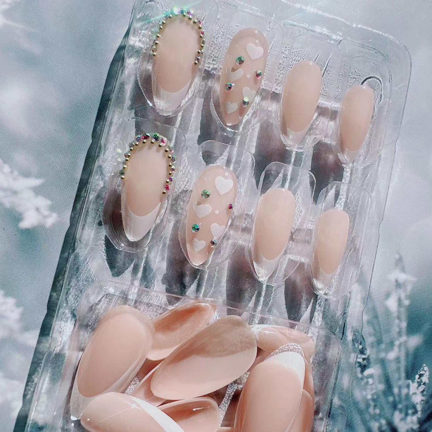 24Pcs Valentine's Day Press on Nails - White French Love Design Glossy Almond Glitter Heart Fake Nails | Full Cover Stick on Acrylic Nails with Sparkly Manicure Art | Perfect for Date Night, Bridal Shower & Romantic Occasions